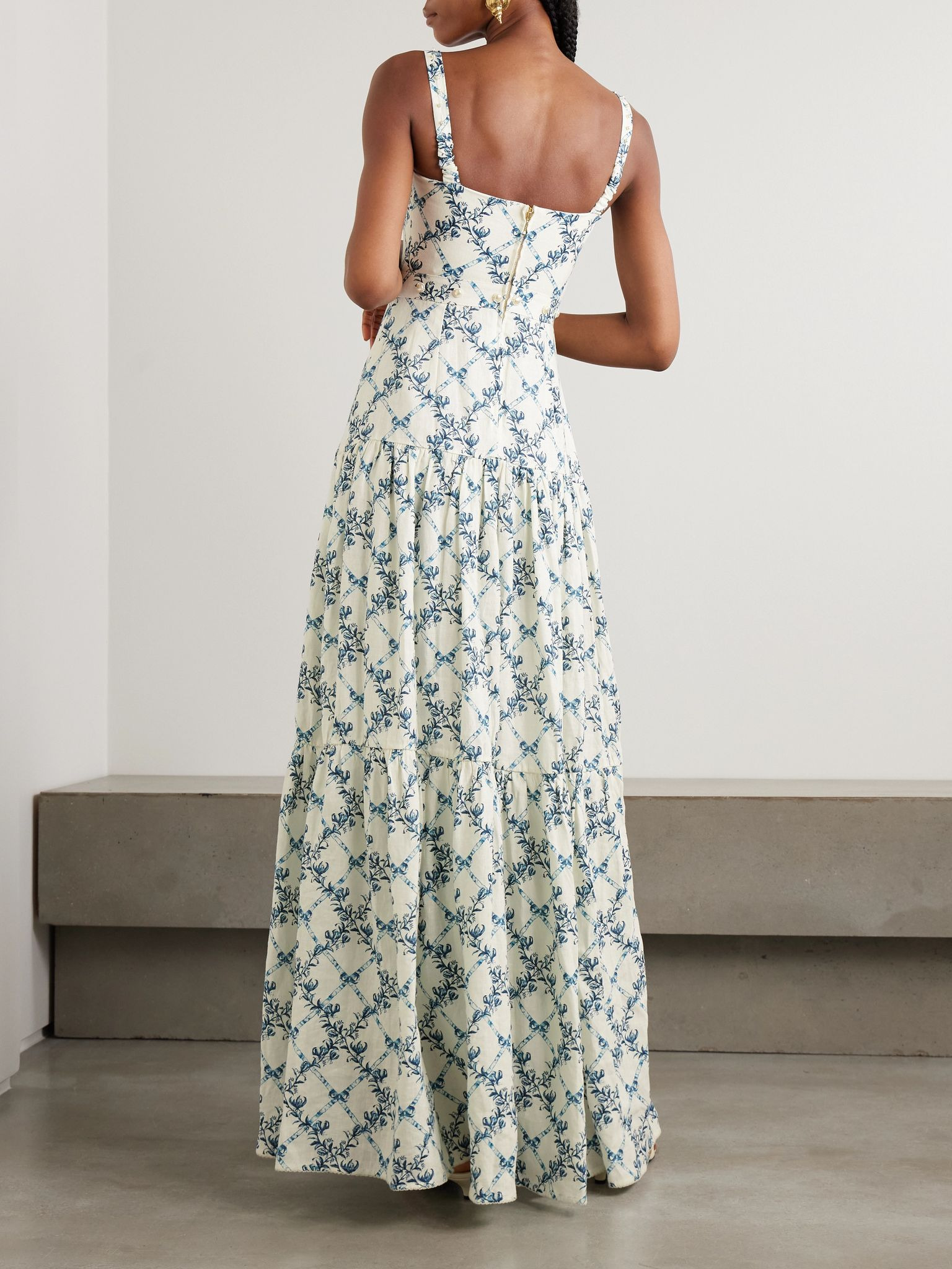 Lima Gloriosa tiered faux pearl-embellished printed linen maxi dress Off-white - 3