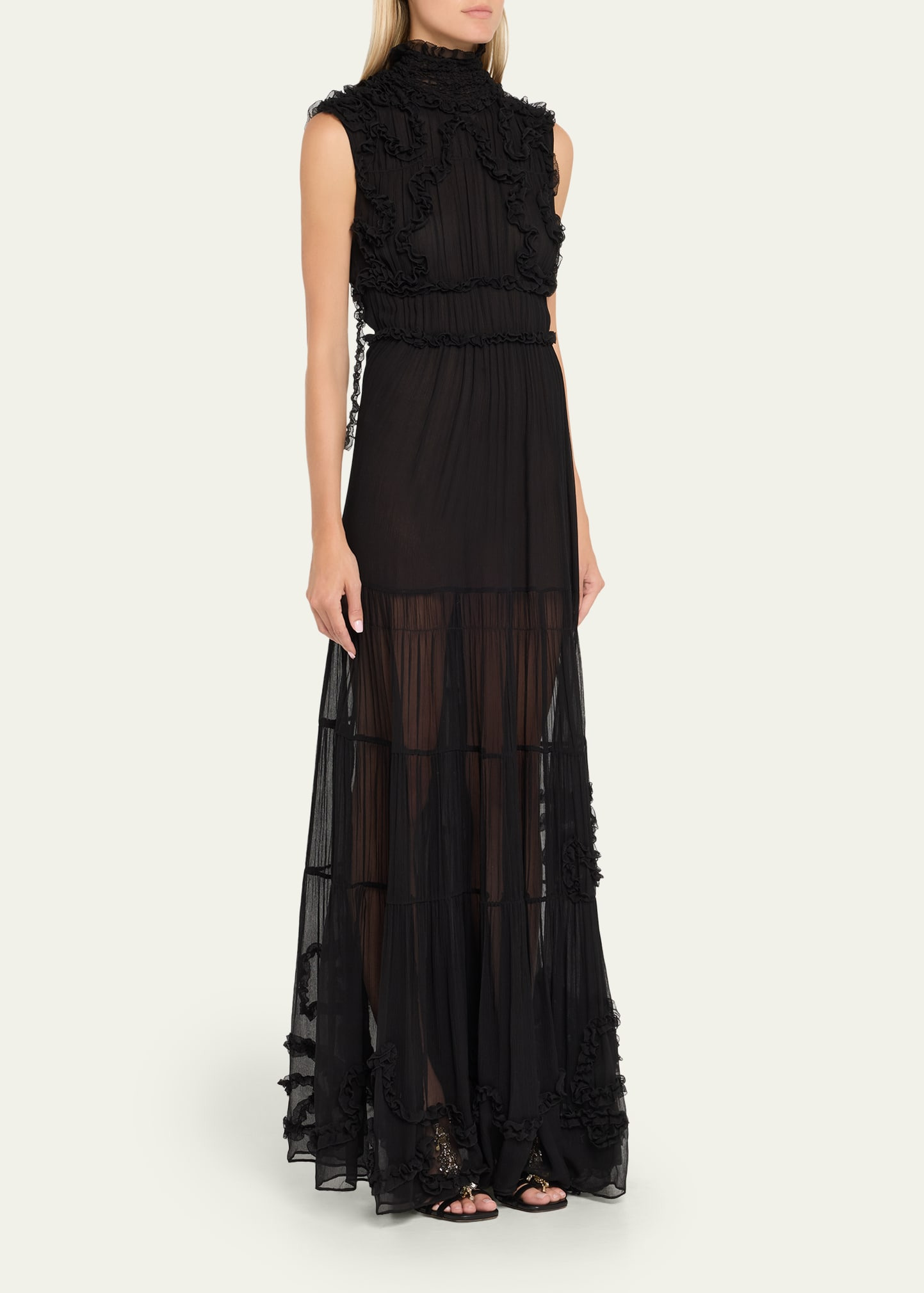 Verona Smocked Silk Turtleneck Gown - 4