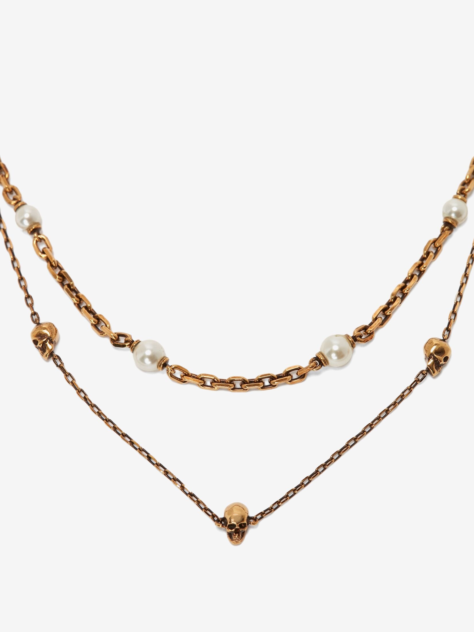 Women's Pearl Skull Chain Necklace in Antique Gold - 3