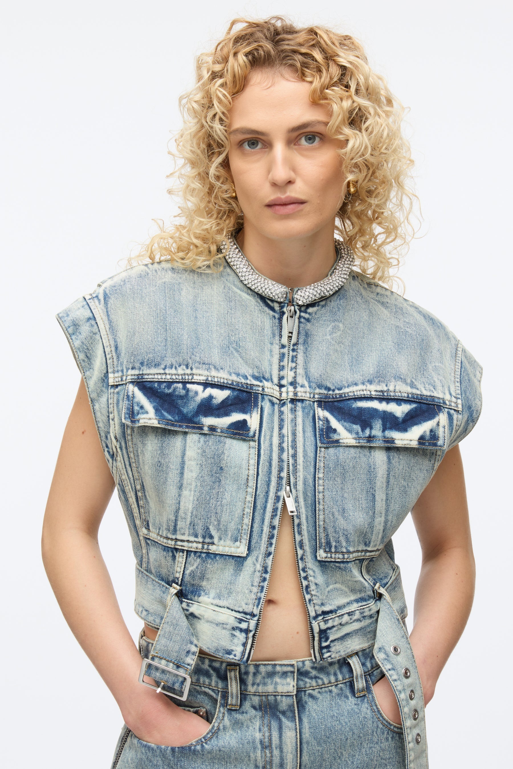 Denim Vest with Crystal Necklace - 5