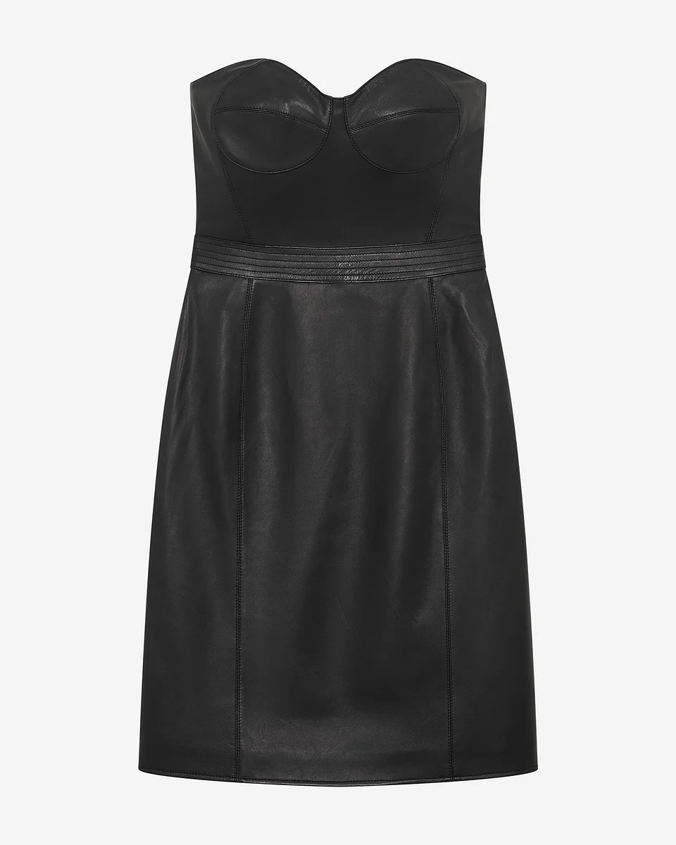 SHORT STRAPLESS BLACK LEATHER DRESS - 1