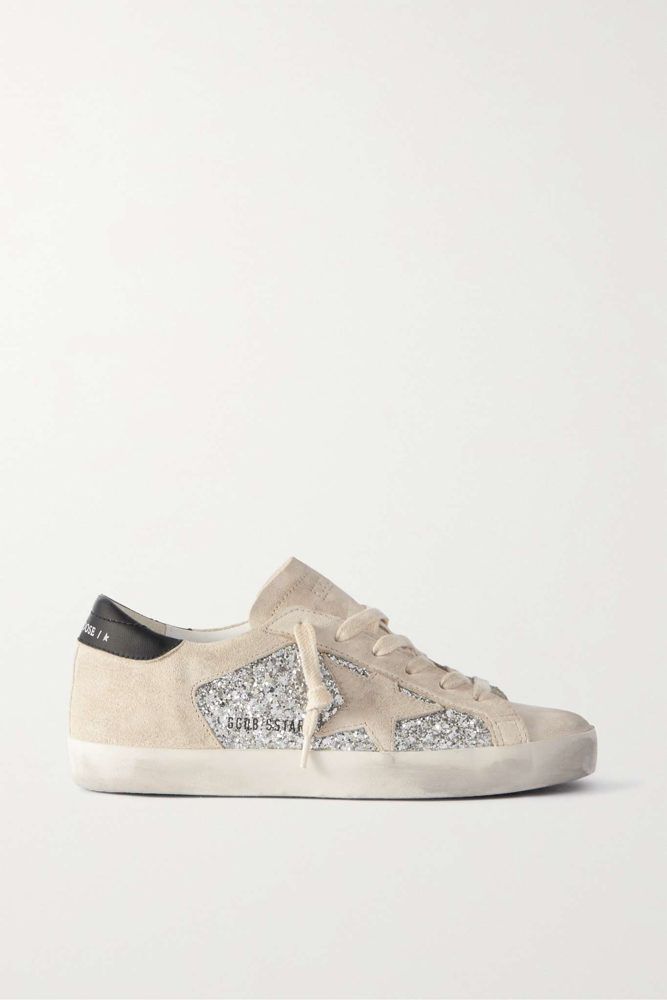 Super-Star leather-trimmed distressed glittered suede sneakers - 1