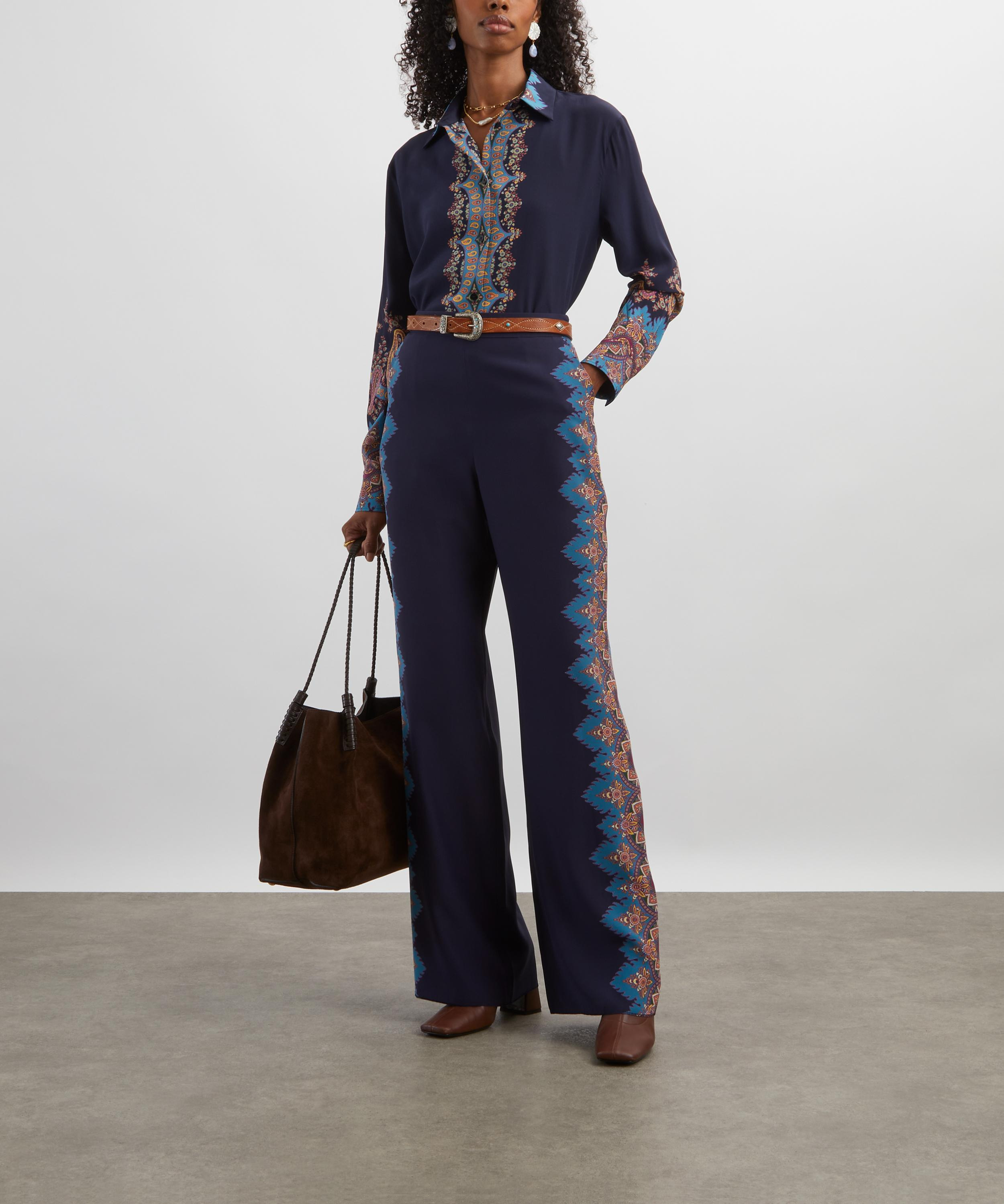 Navy Paisley Silk Trousers - 2