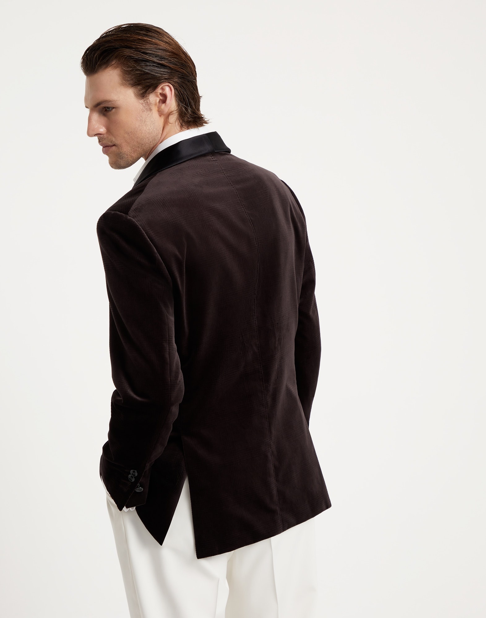 Cotton Prince of Wales velvet one-and-a-half breasted tuxedo jacket with shawl lapels - 2