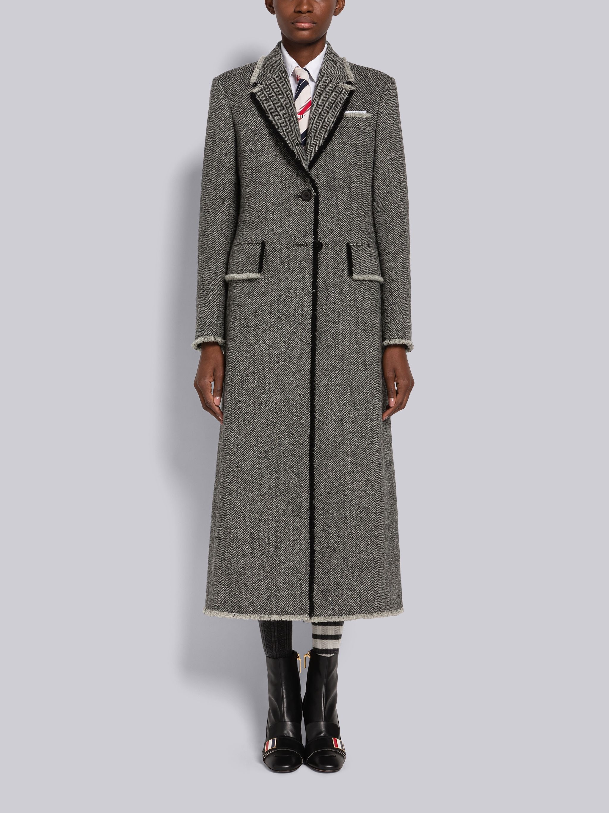 Herringbone Harris Tweed Frayed Back Tab Overcoat - 1