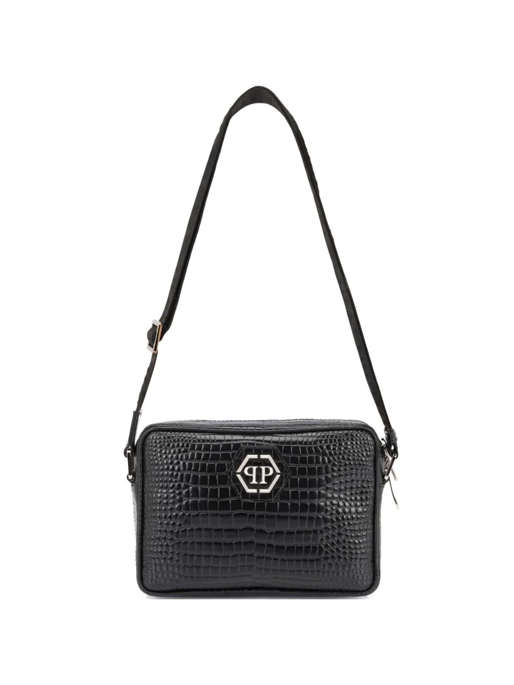 crocodile print logo patch laptop bag - 1