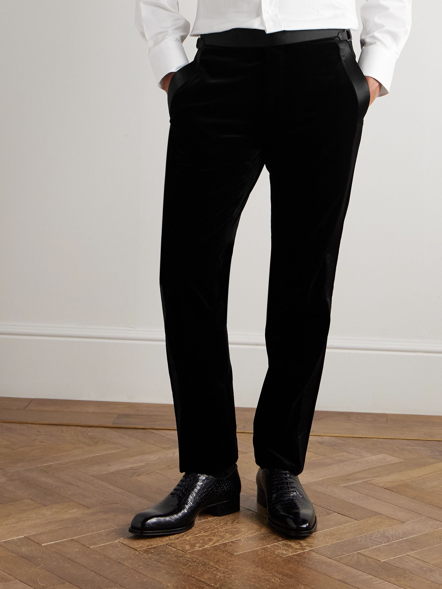 Straight-Leg Satin-Trimmed Velvet Tuxedo Trousers Black - 3