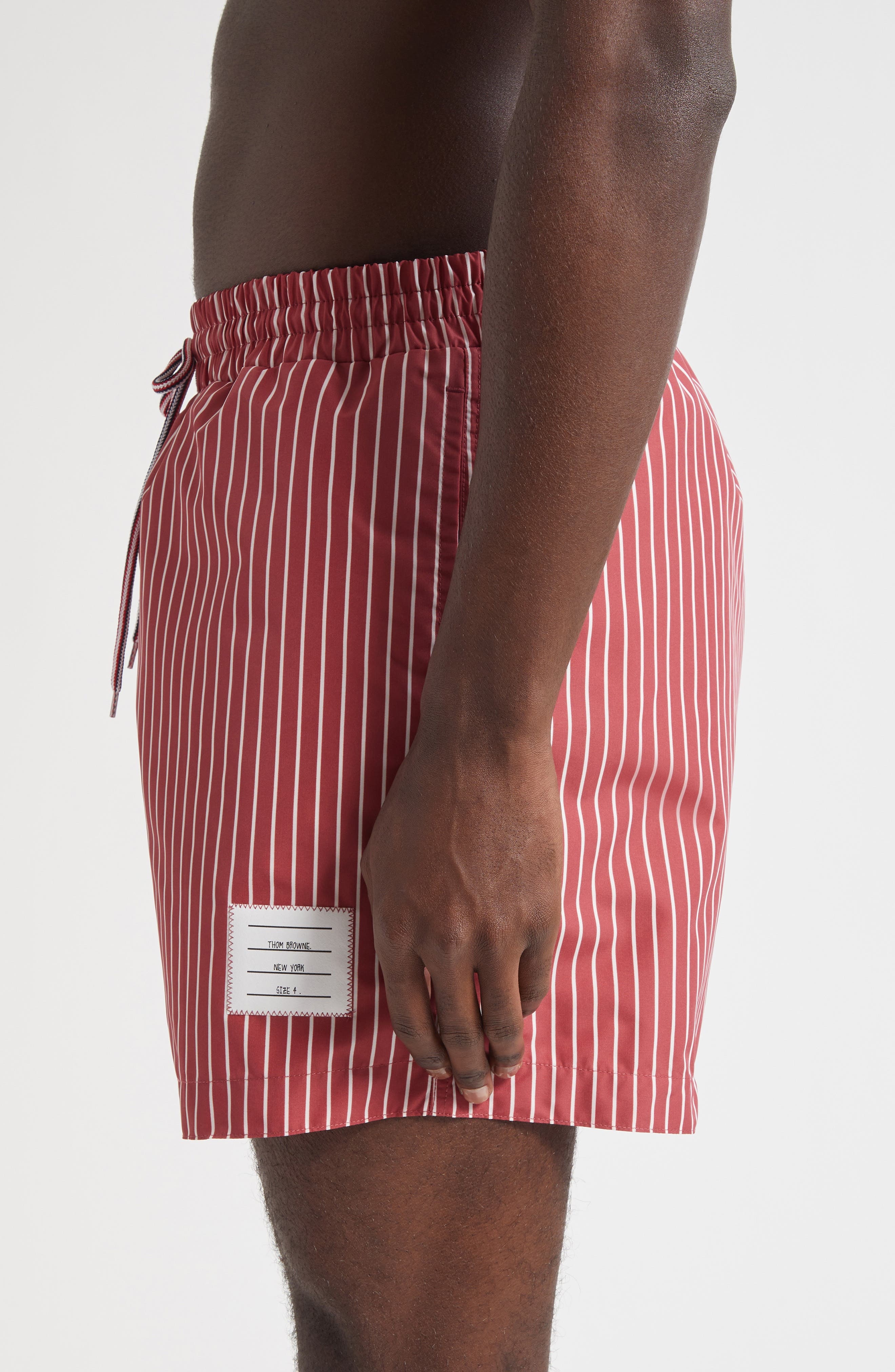 Thom Browne Stripe Nylon Swim Trunks in Burgundy at Nordstrom - 3