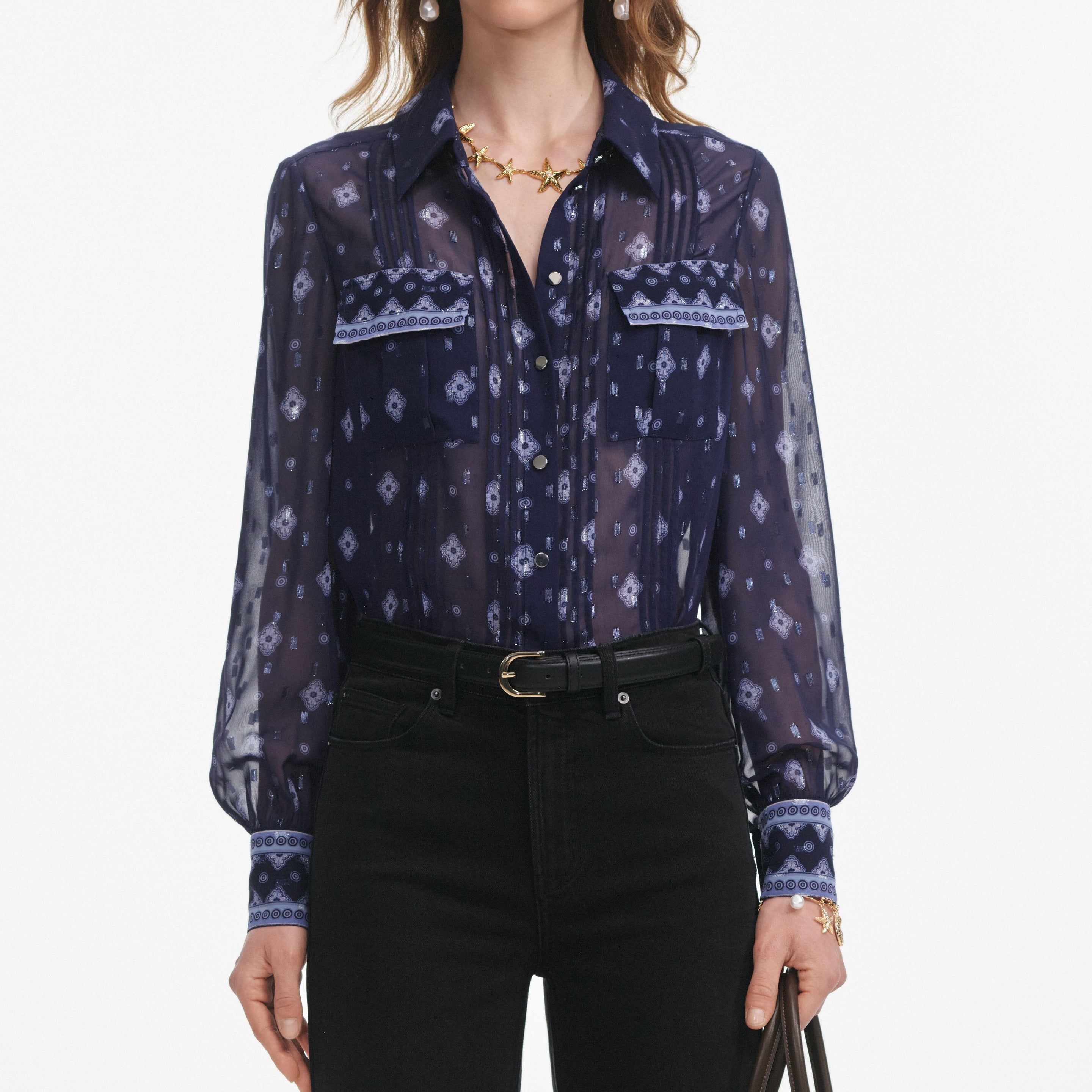 Navy Printed Chiffon Blouse - 4