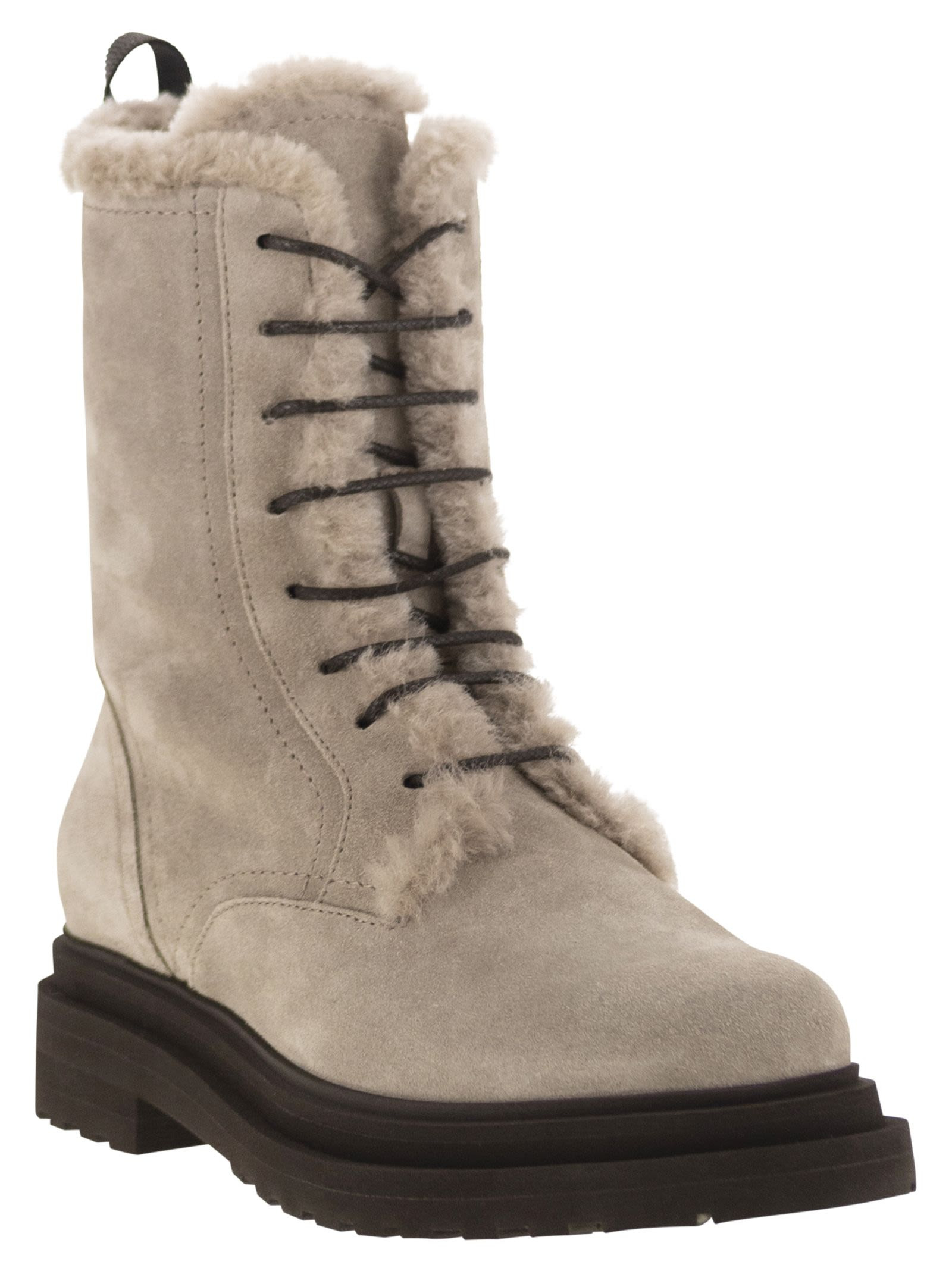 Brunello Cucinelli Women Suede Boot With Shearling Lining And Shiny Loop Detail - 2