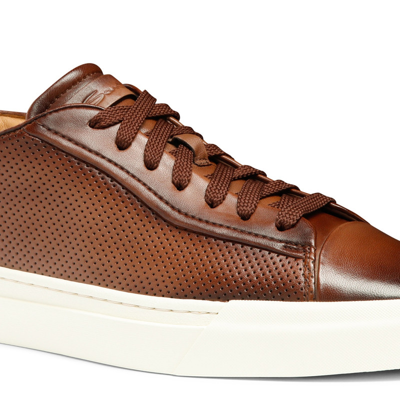 Men's polished brown leather perforated-effect sneaker 6