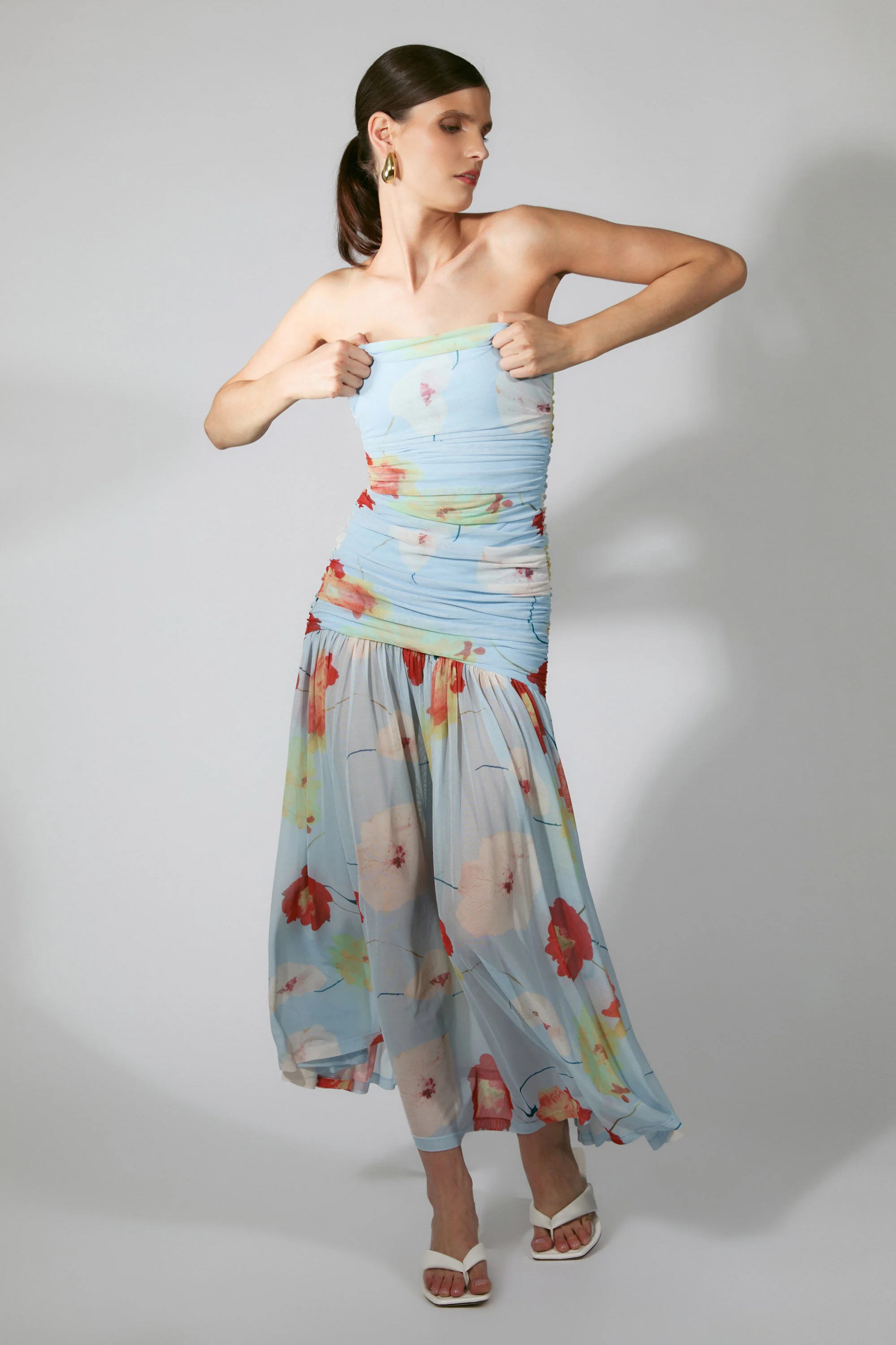 Solana Printed Mesh Maxi Dress In Baby Blue Floral - 1