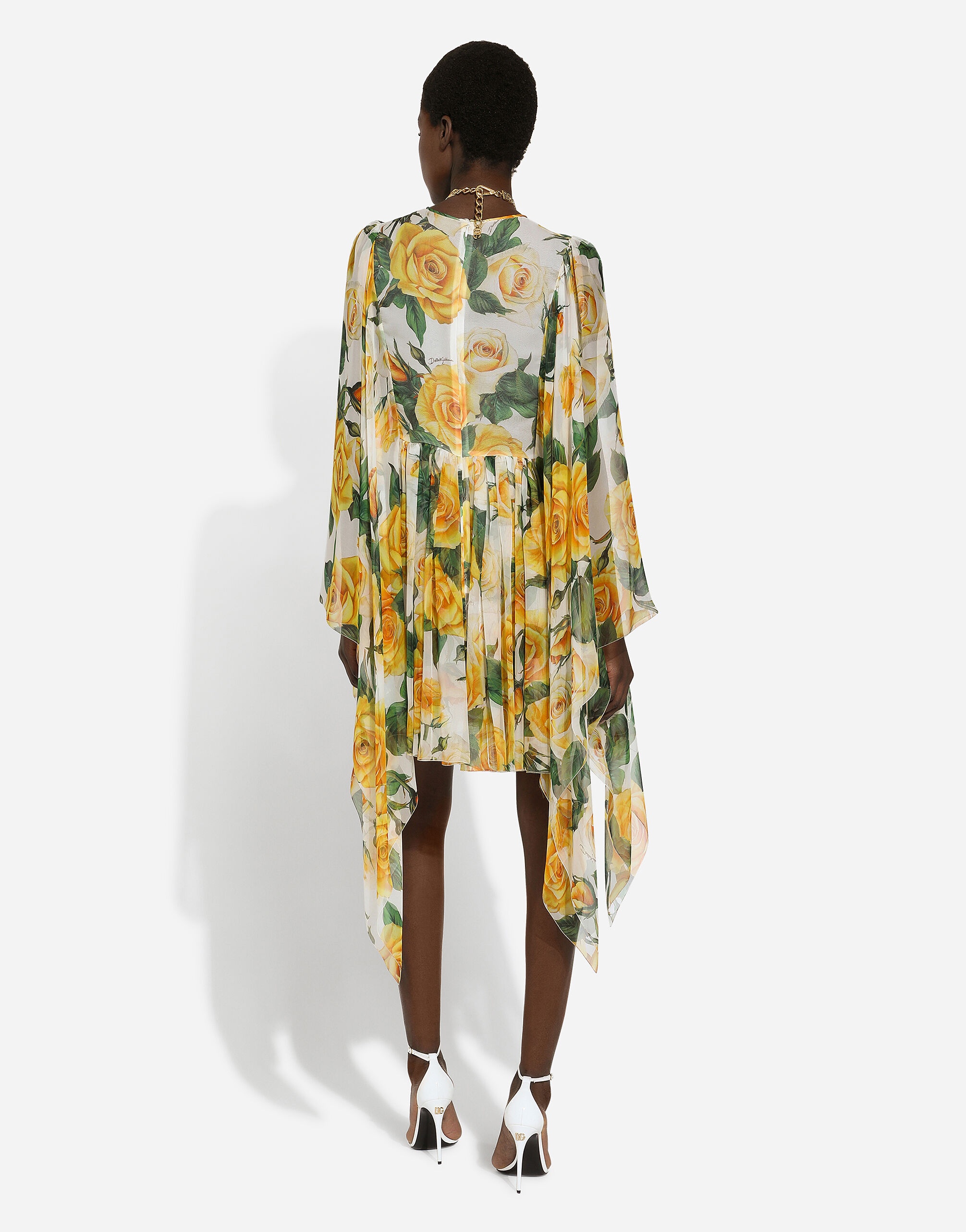 Short silk chiffon dress with yellow rose print - 3