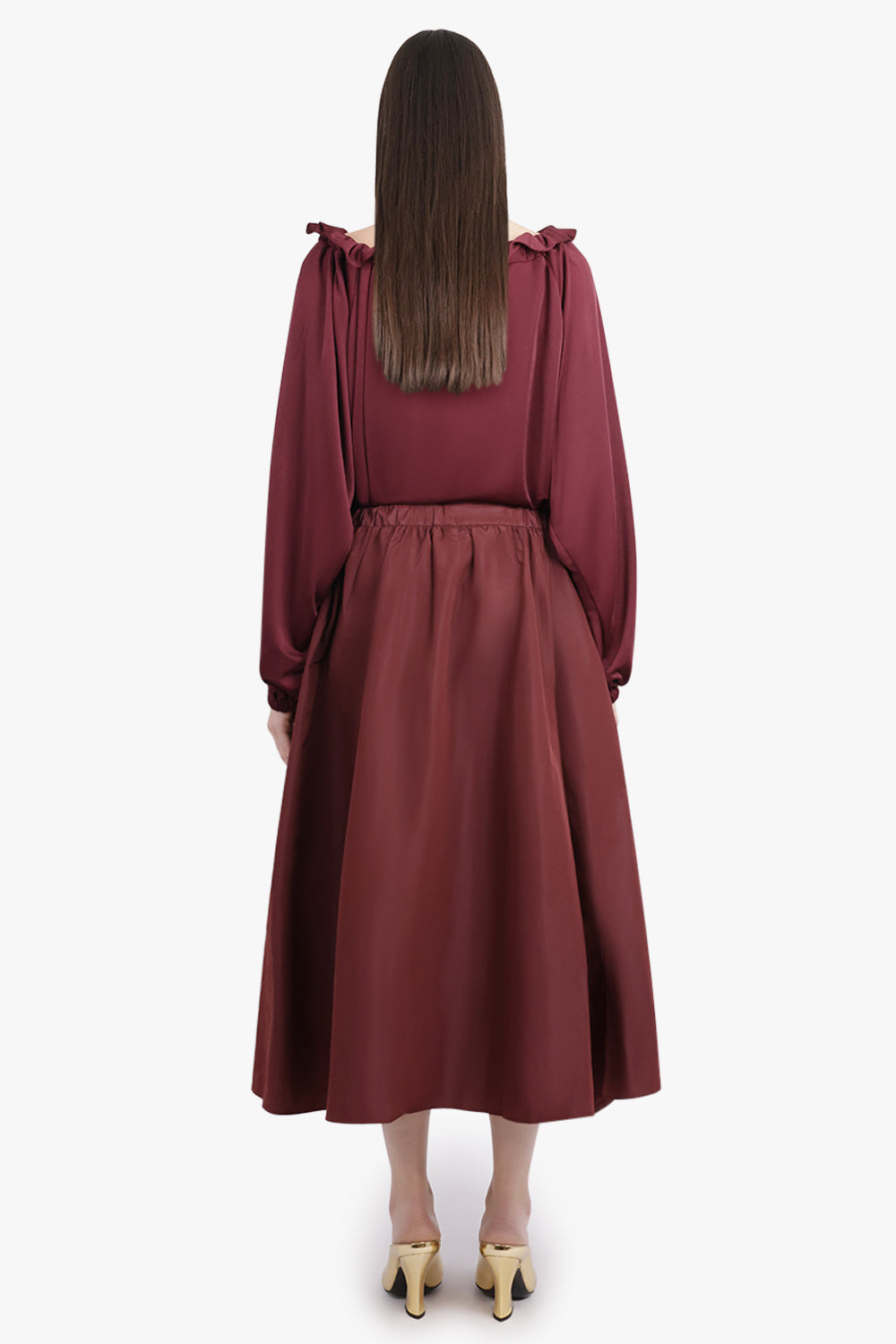ASYMMETRIC VOLUME MIDI SKIRT | BURGUNDY - 5