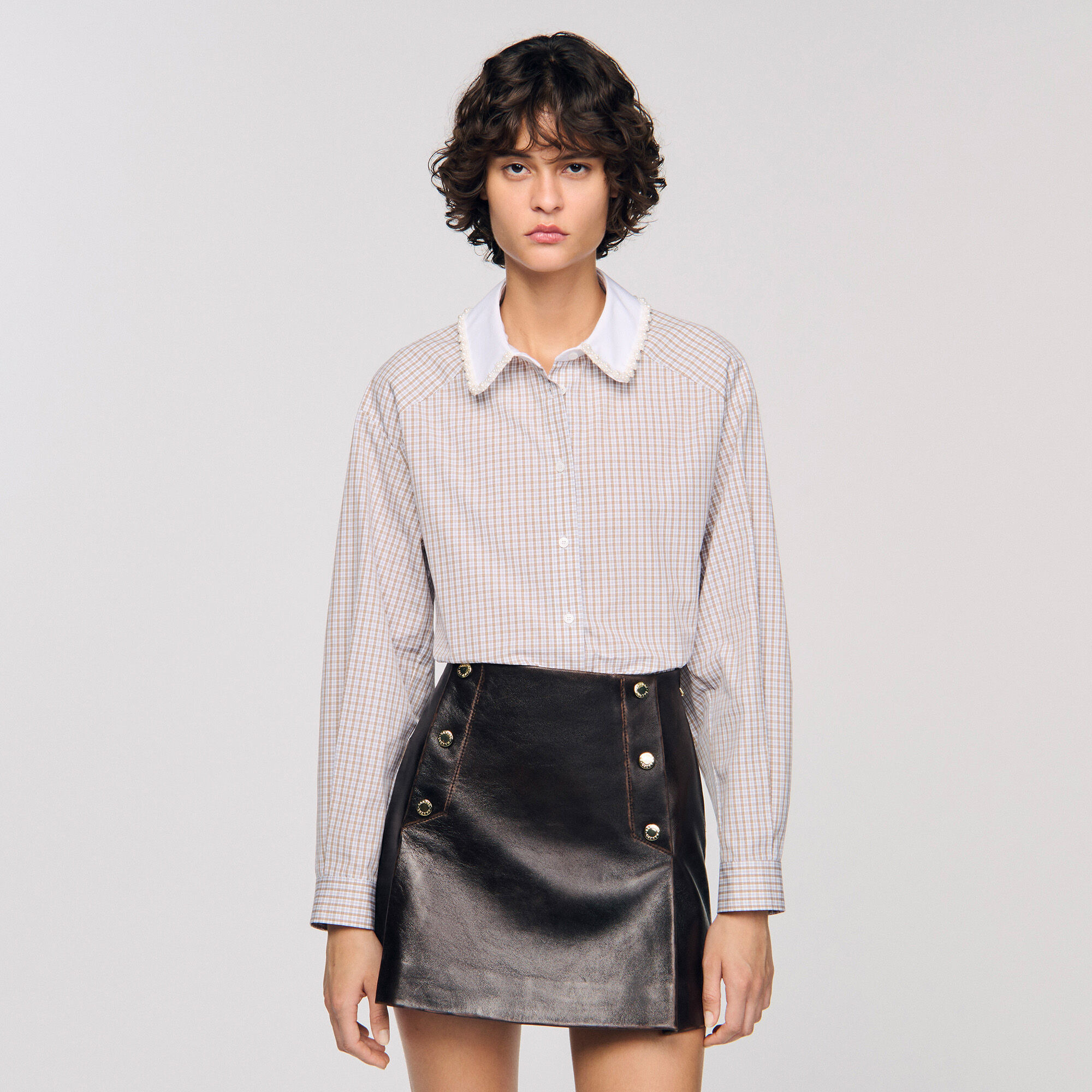 PLAID AND PEARL COLLAR SHIRT - 4