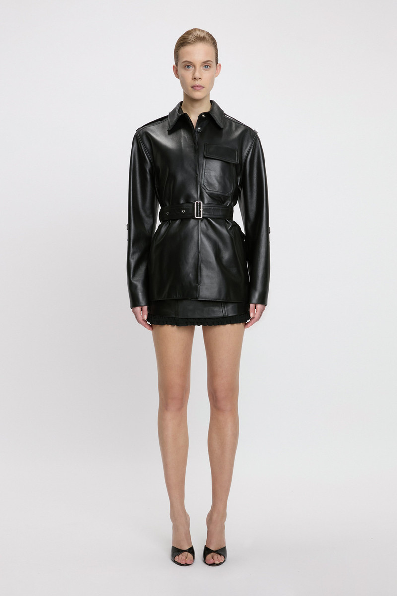 Victoria Beckham Belted Boxy Leather Jacket In Black outlook