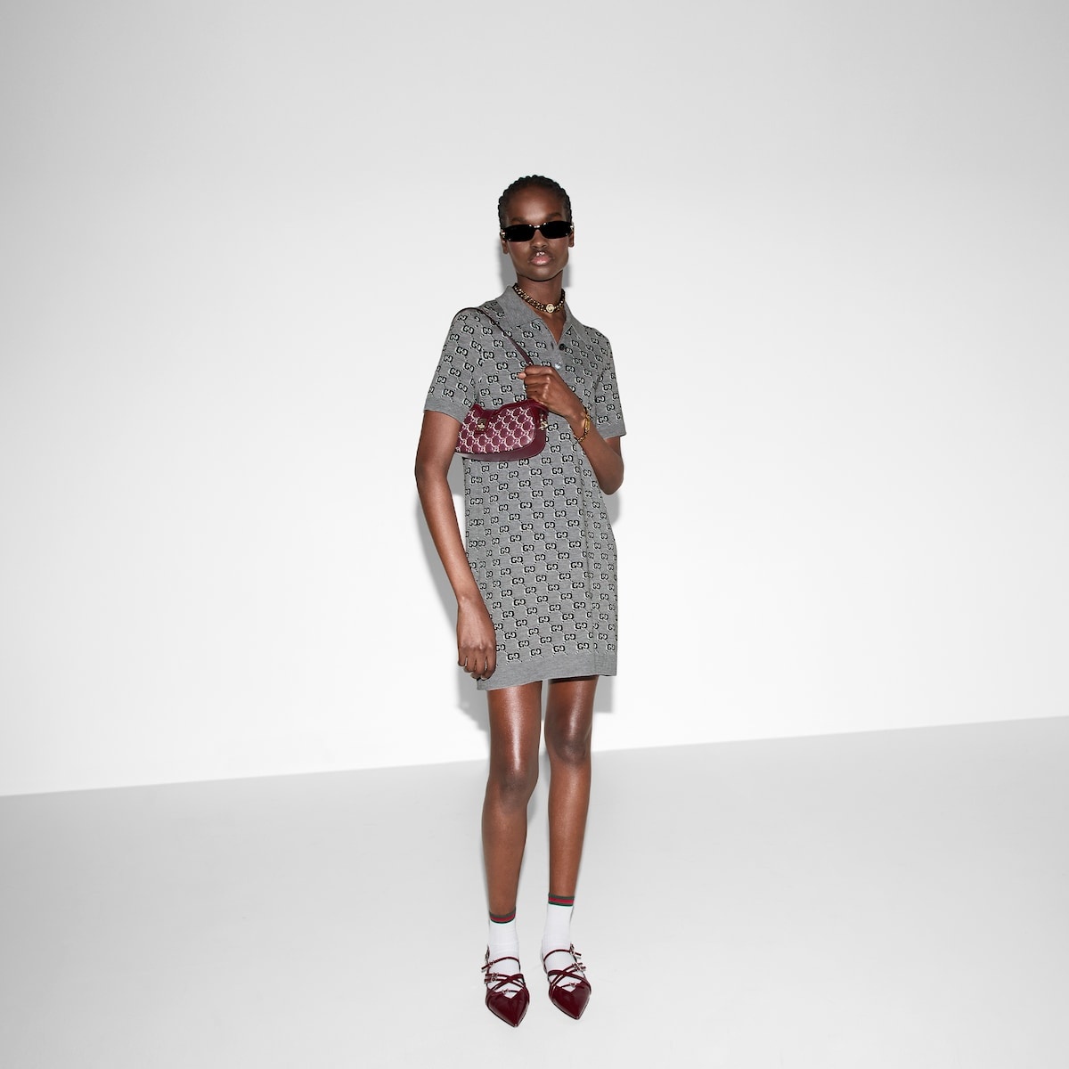 Wool jacquard polo dress with GG Shadow - 6