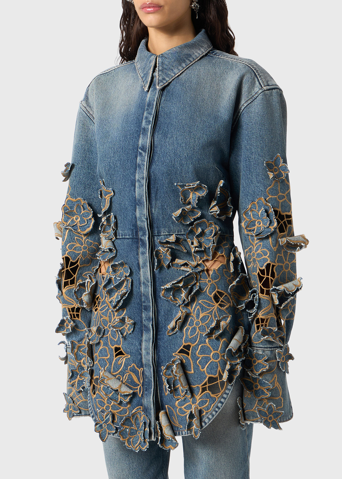 DENIM SHIRT WITH INSET EMBROIDERY - 5