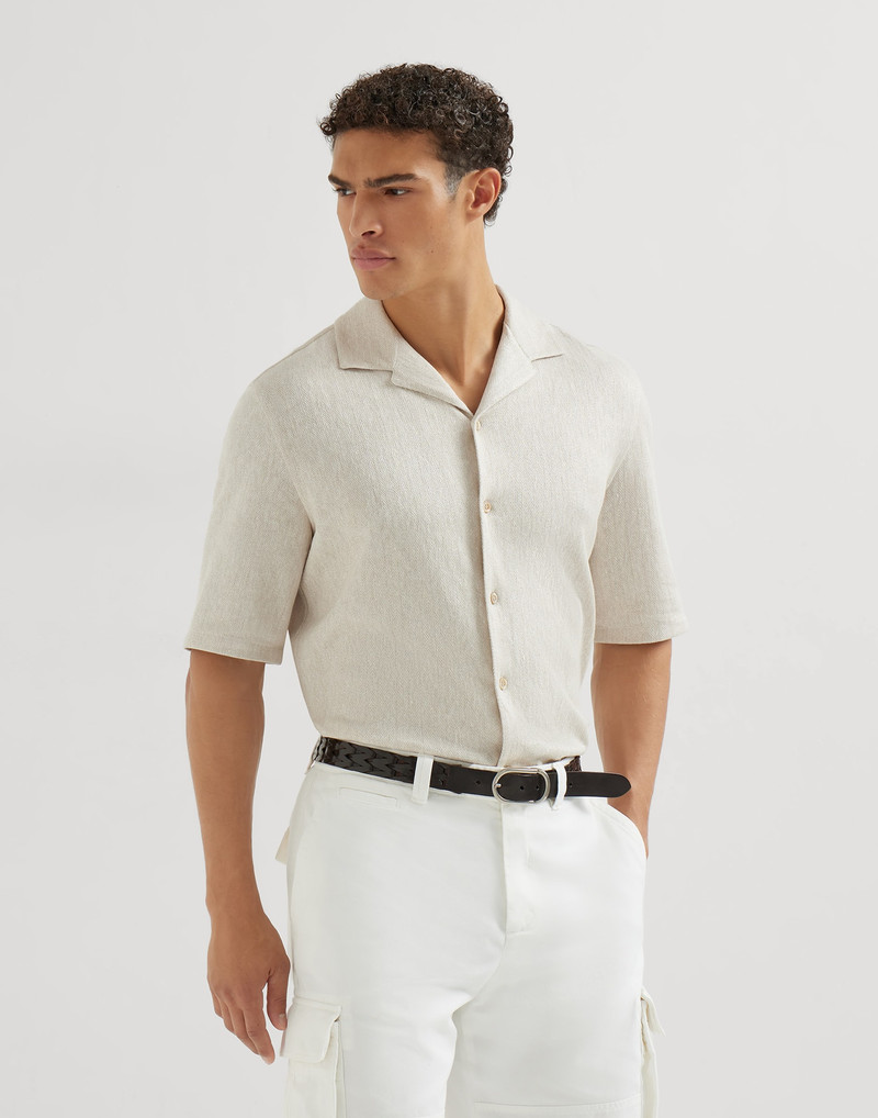Linen and cotton chevron jersey short sleeve shirt with camp collar 2