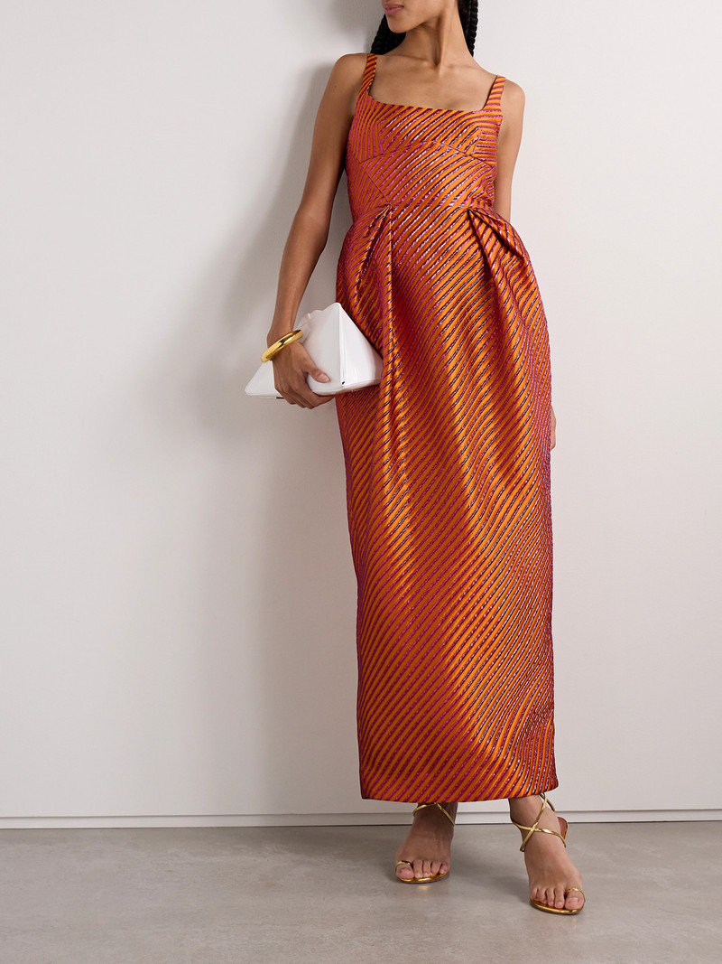 CHRISTOPHER JOHN ROGERS Pleated Striped Metallic Jacquard Maxi Dress outlook