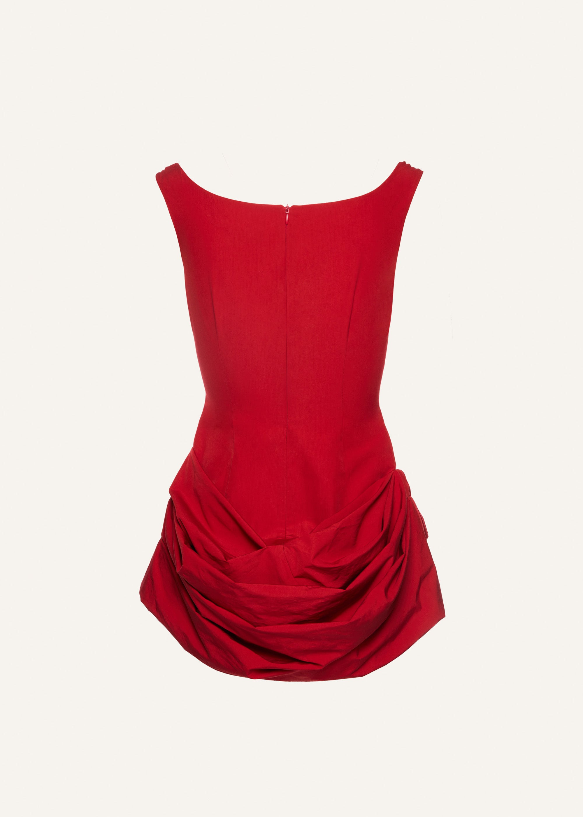 Round neck ruched cotton mini dress in red - 2