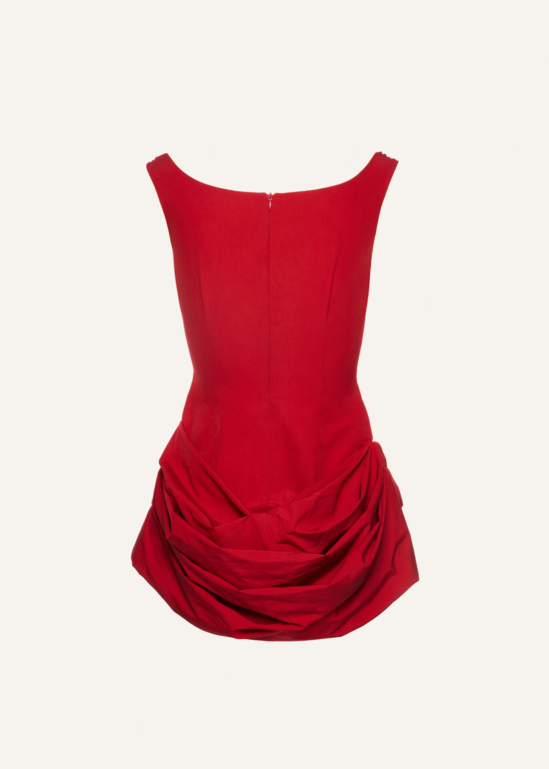 Round neck ruched cotton mini dress in red 2