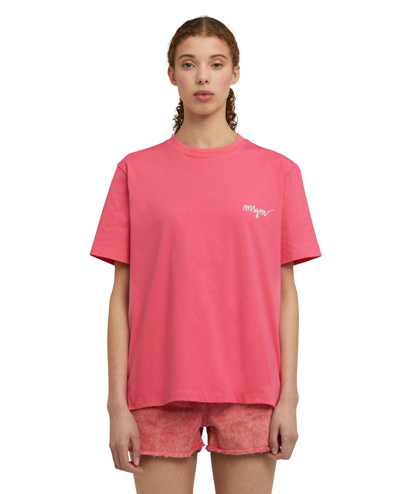 Cotton crewneck t-shirt with multicolor, embroidered logo in cursive - 1