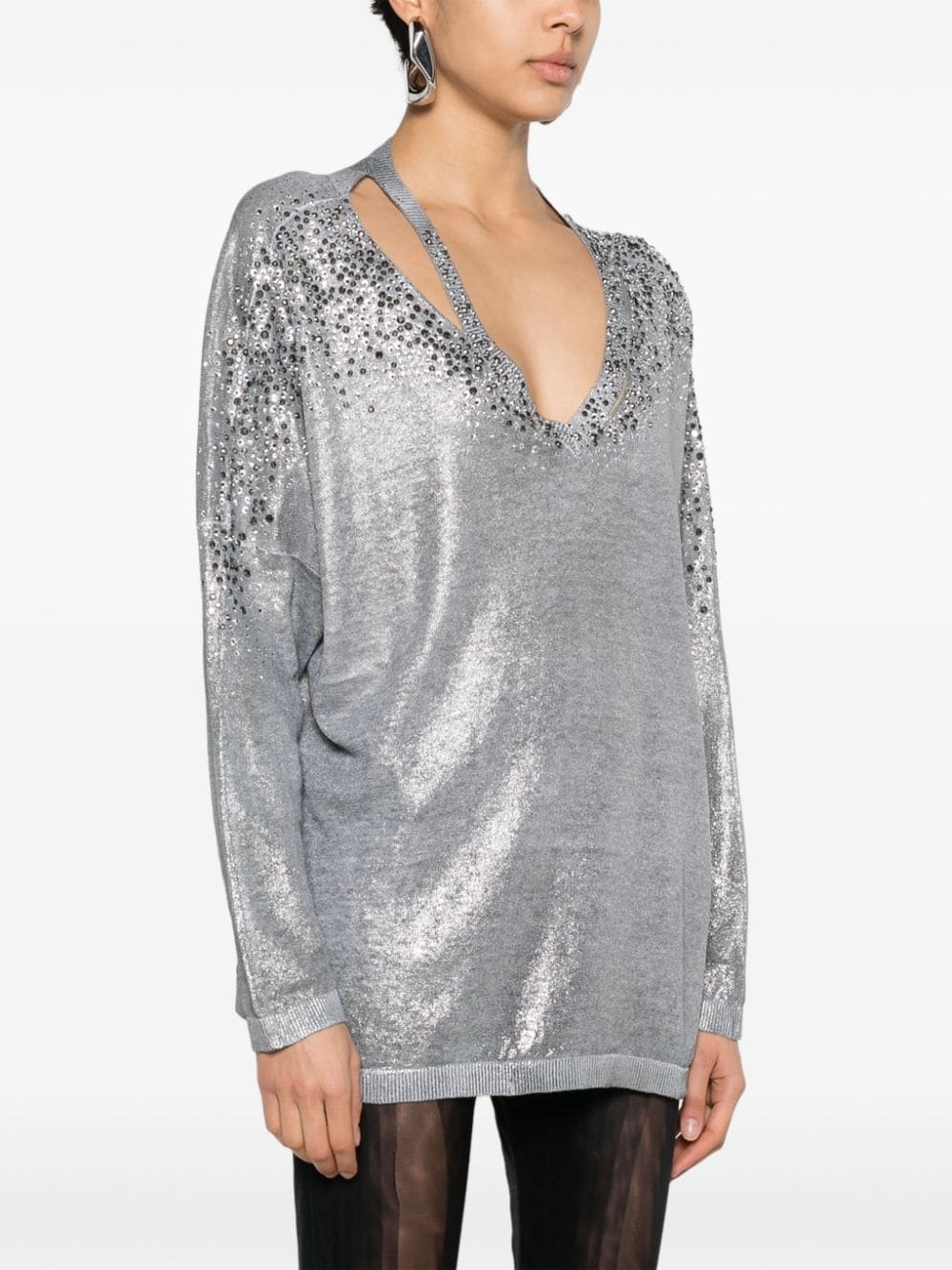 crystal-embellished V-neck jumper - 3