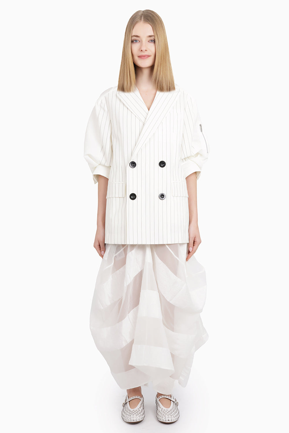 CONTRAST BALLOON S/S DOUBLE BREASTED STRIPE JACKET | OFF WHITE/BLACK - 8