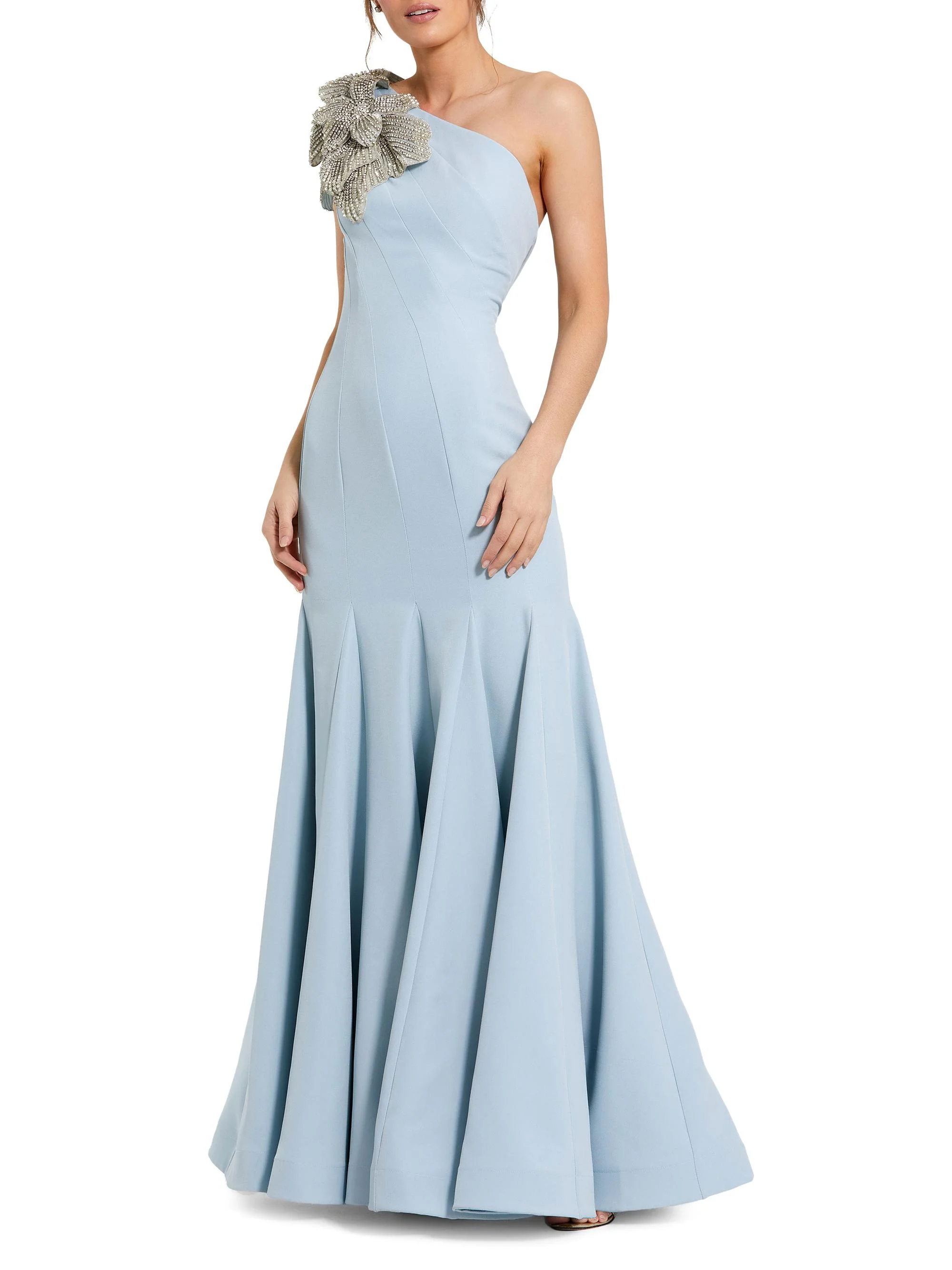 Women's Seamed Crepe One-Shoulder Gown - Powder Blue - 1