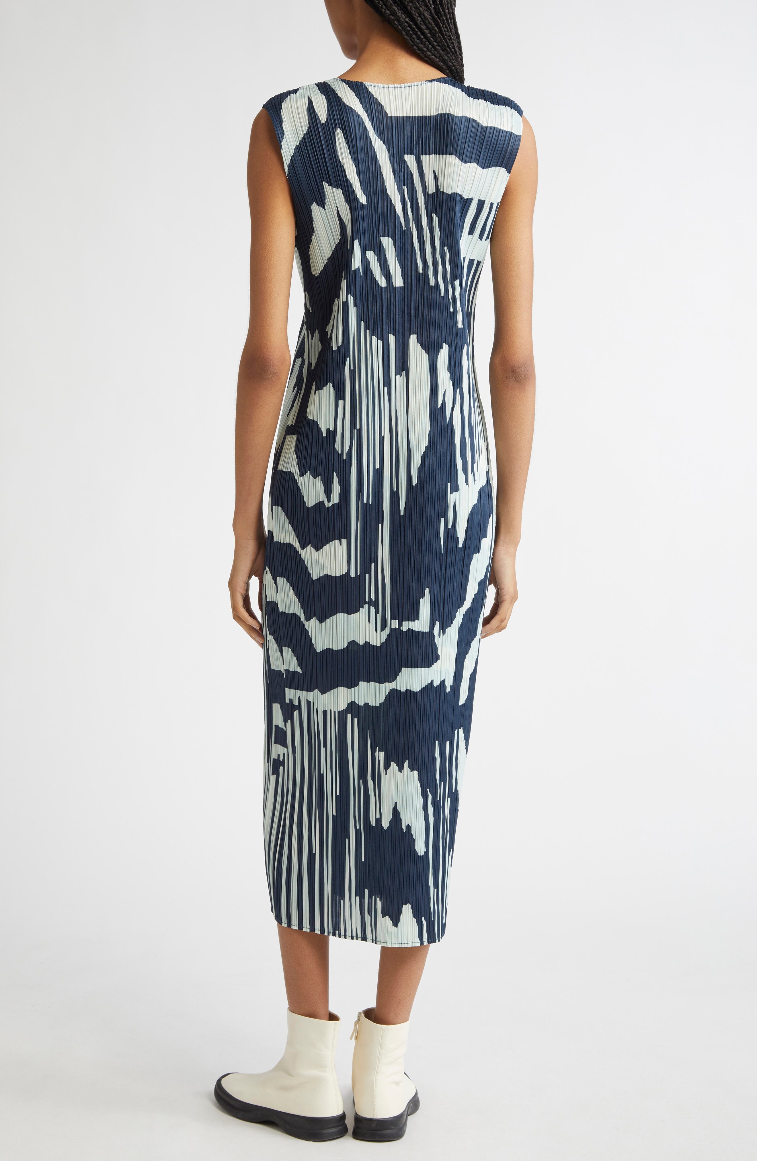 Pleats Please Issey Miyake Refraction Print Pleated Midi Dress in Grayish Navy at Nordstrom - 2