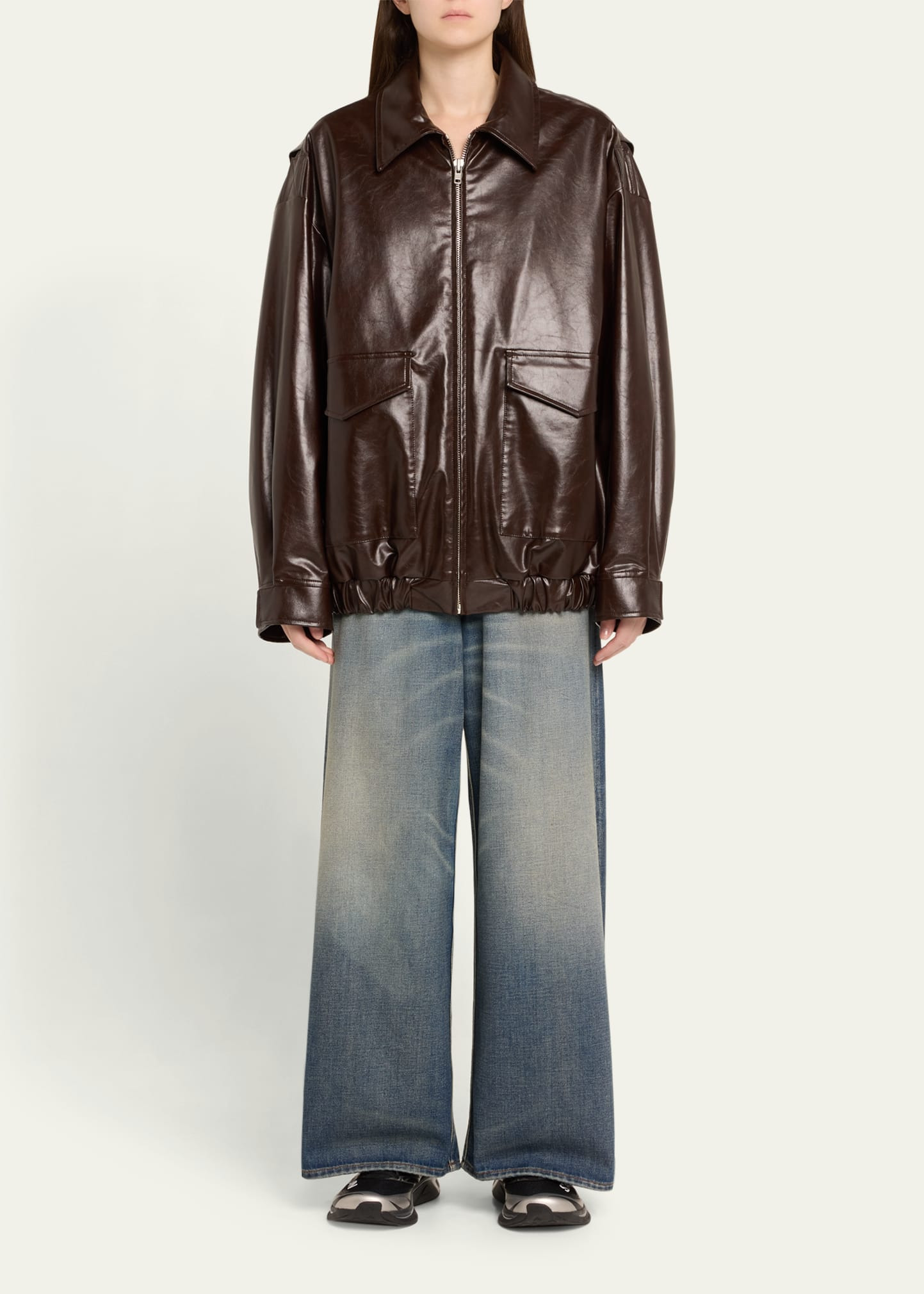 Oversized Vegan Leather Sports Jacket - 2