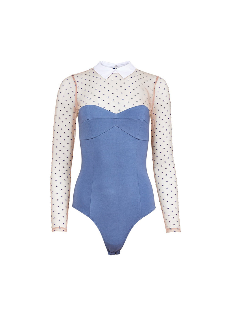 Collared Bodysuit with Dotted Tulle 1