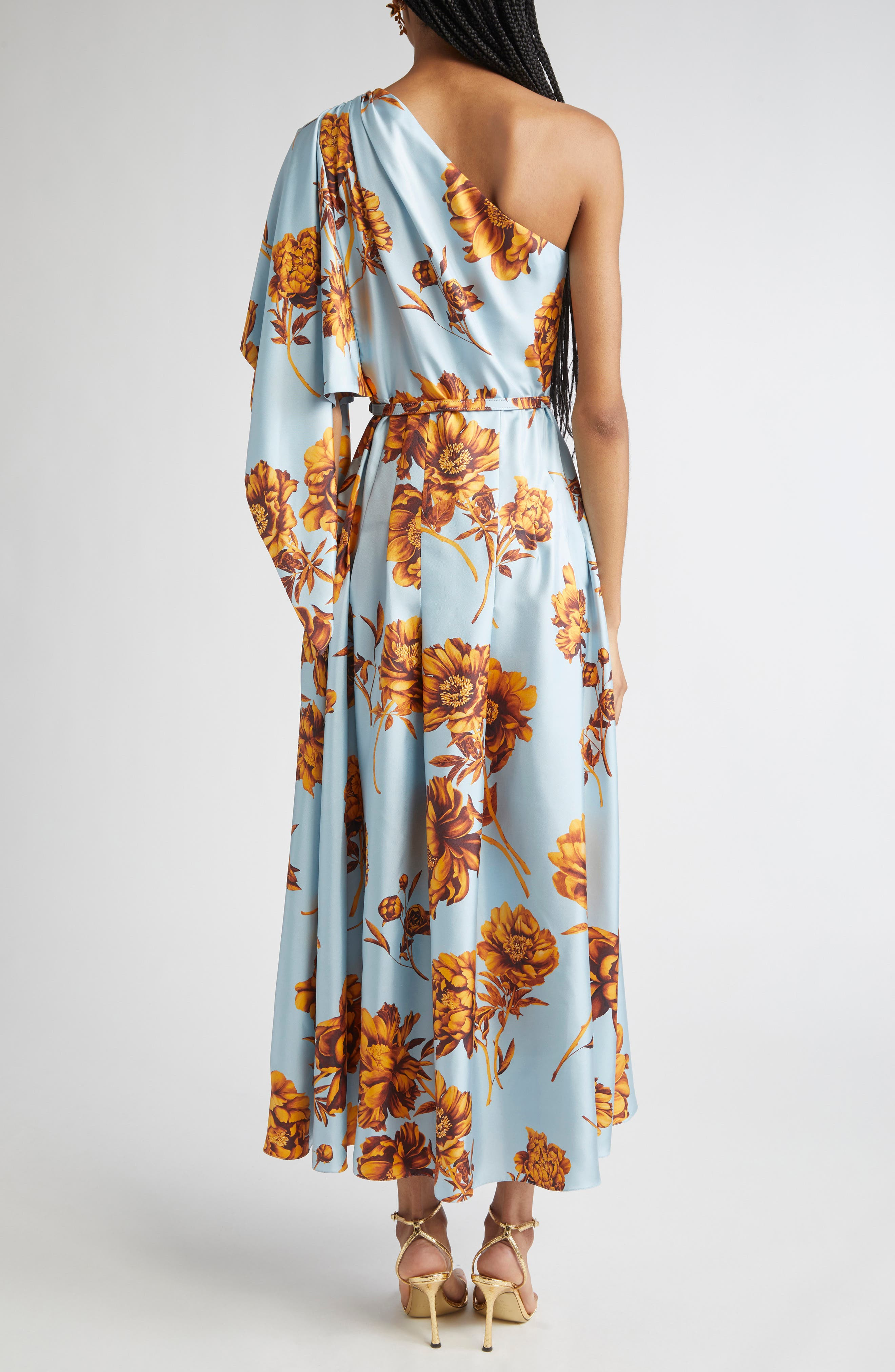 Oscar de la Renta Peony One-Shoulder Silk Twill Midi Dress in Brown/ice Blue at Nordstrom - 2
