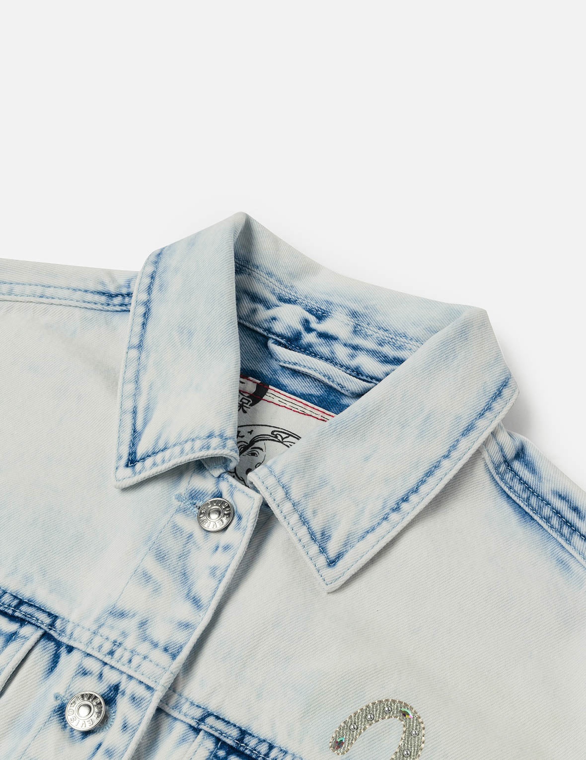 Bleach Washed Kamon Embroidery Fashion Fit Denim Jacket - 7