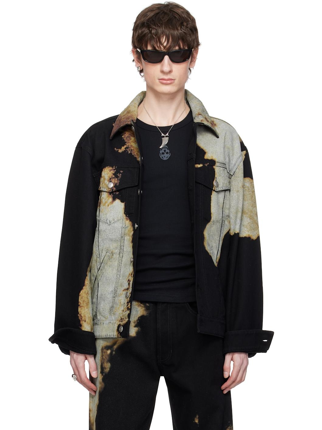 Black & Gray Abstract Print Denim Jacket - 1