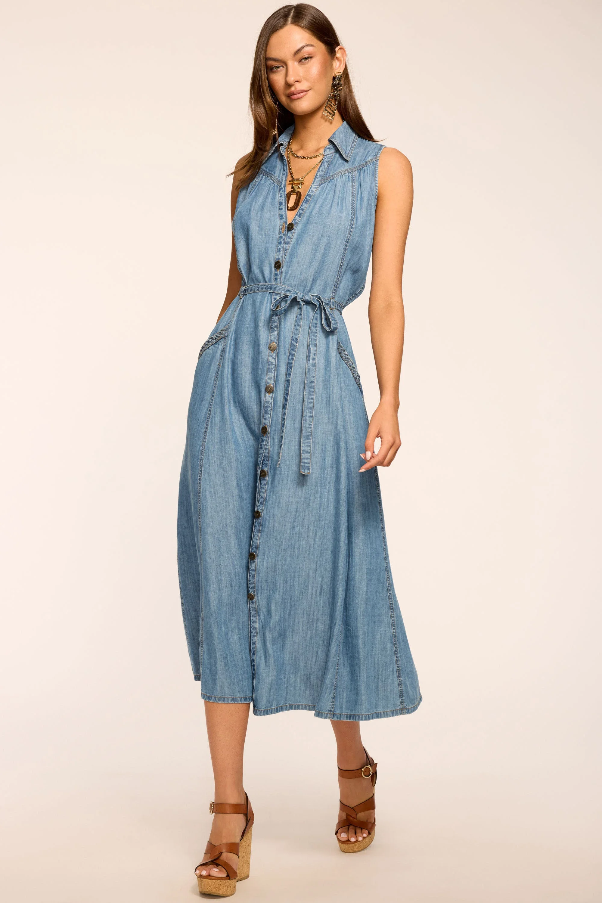 Clover Chambray V-Neck Midi Dress - 1