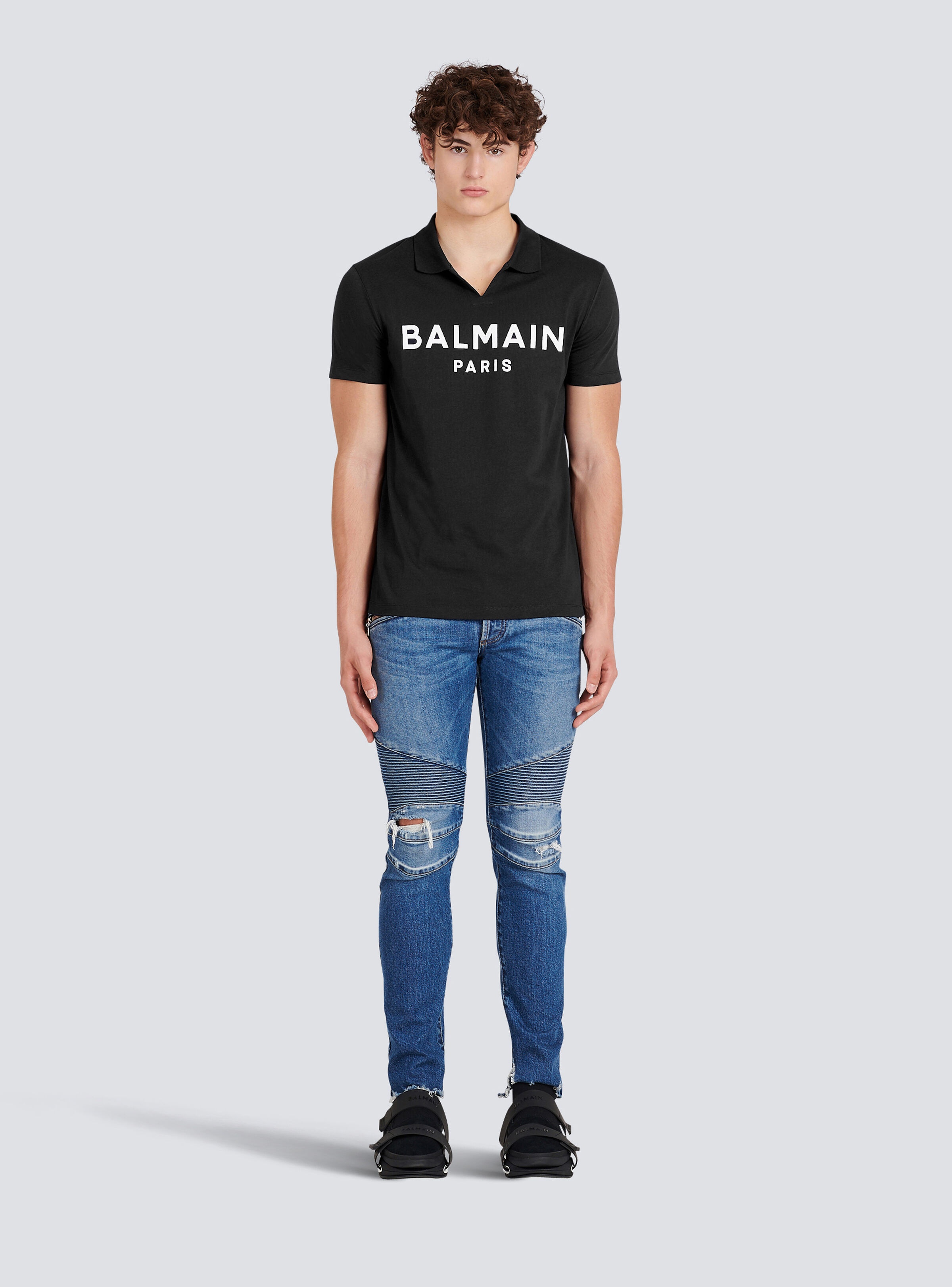 Cotton polo with black Balmain logo print - 3