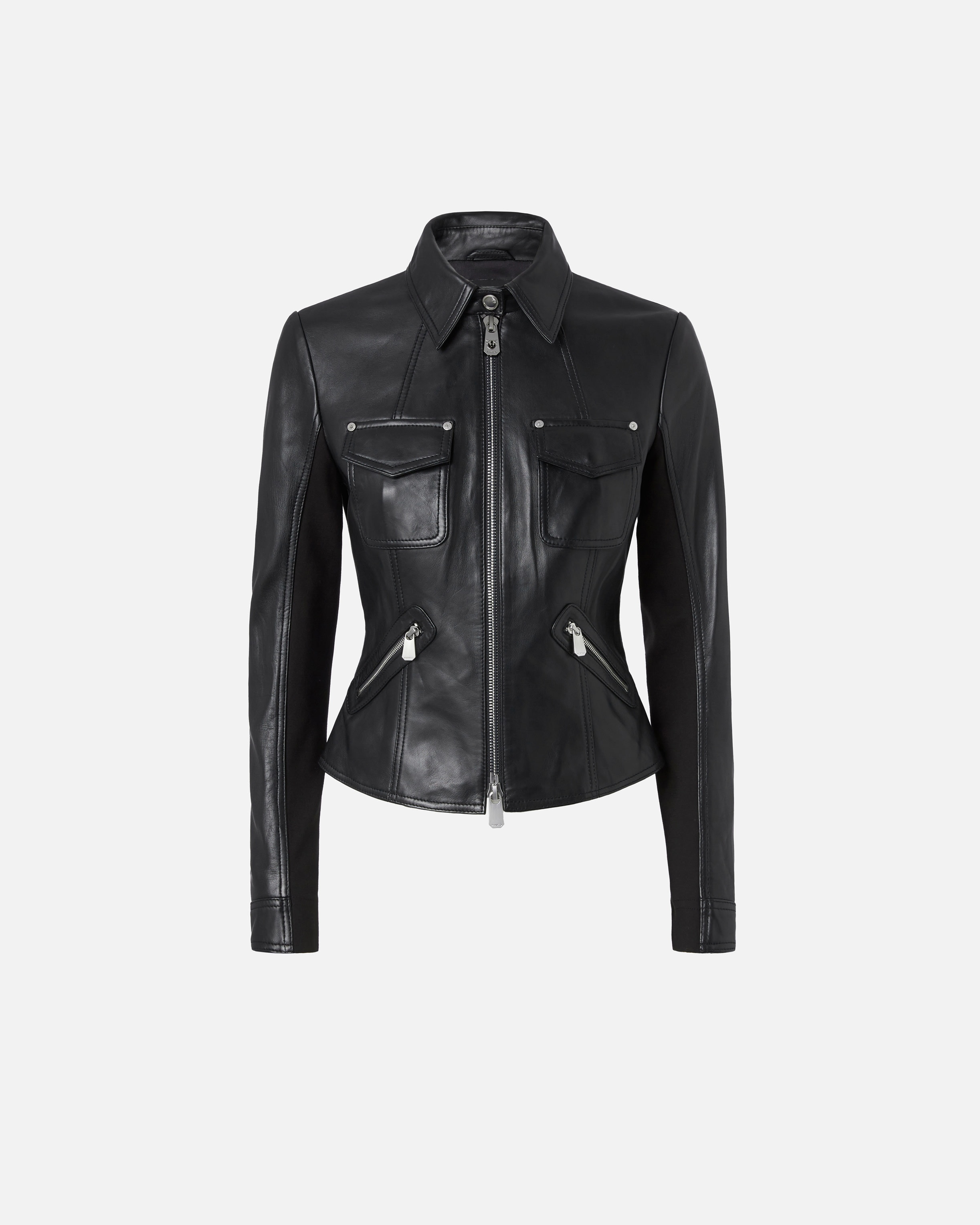 SHORT LEATHER AND TECHNICAL FABRIC BIKER JACKET - 1