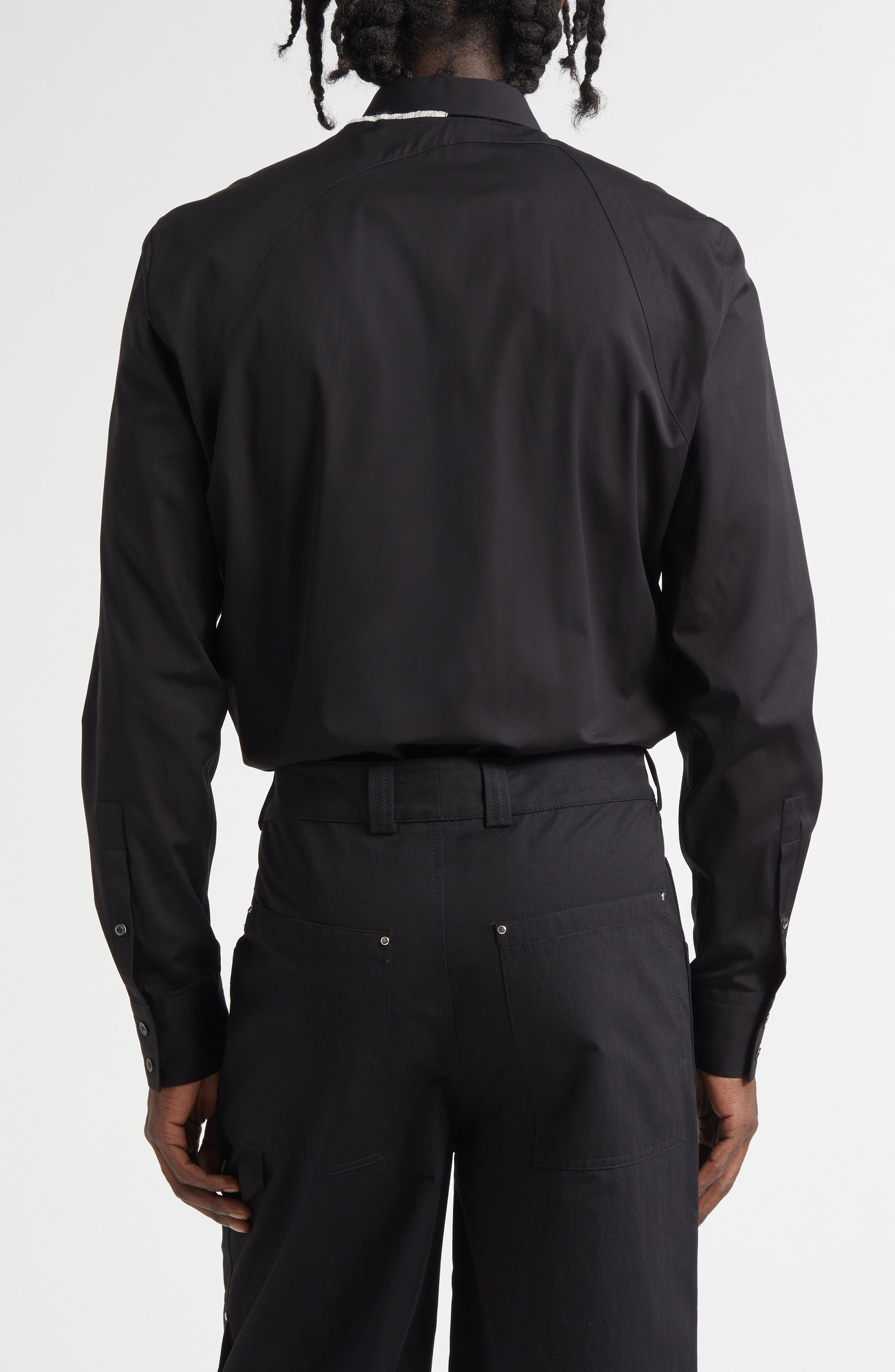 McQueen Raw Edge Harness Cotton Popling Button-Up Shirt in Black at Nordstrom - 3