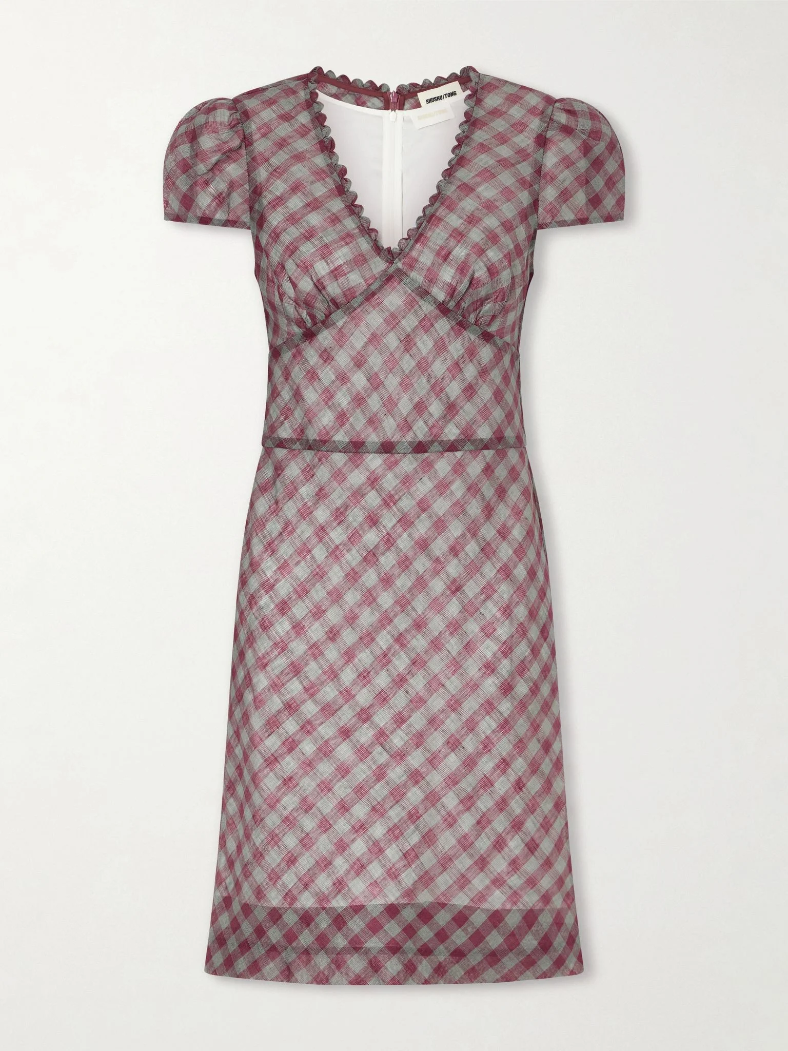 Gingham lace-trimmed linen mini dress Burgundy - 1