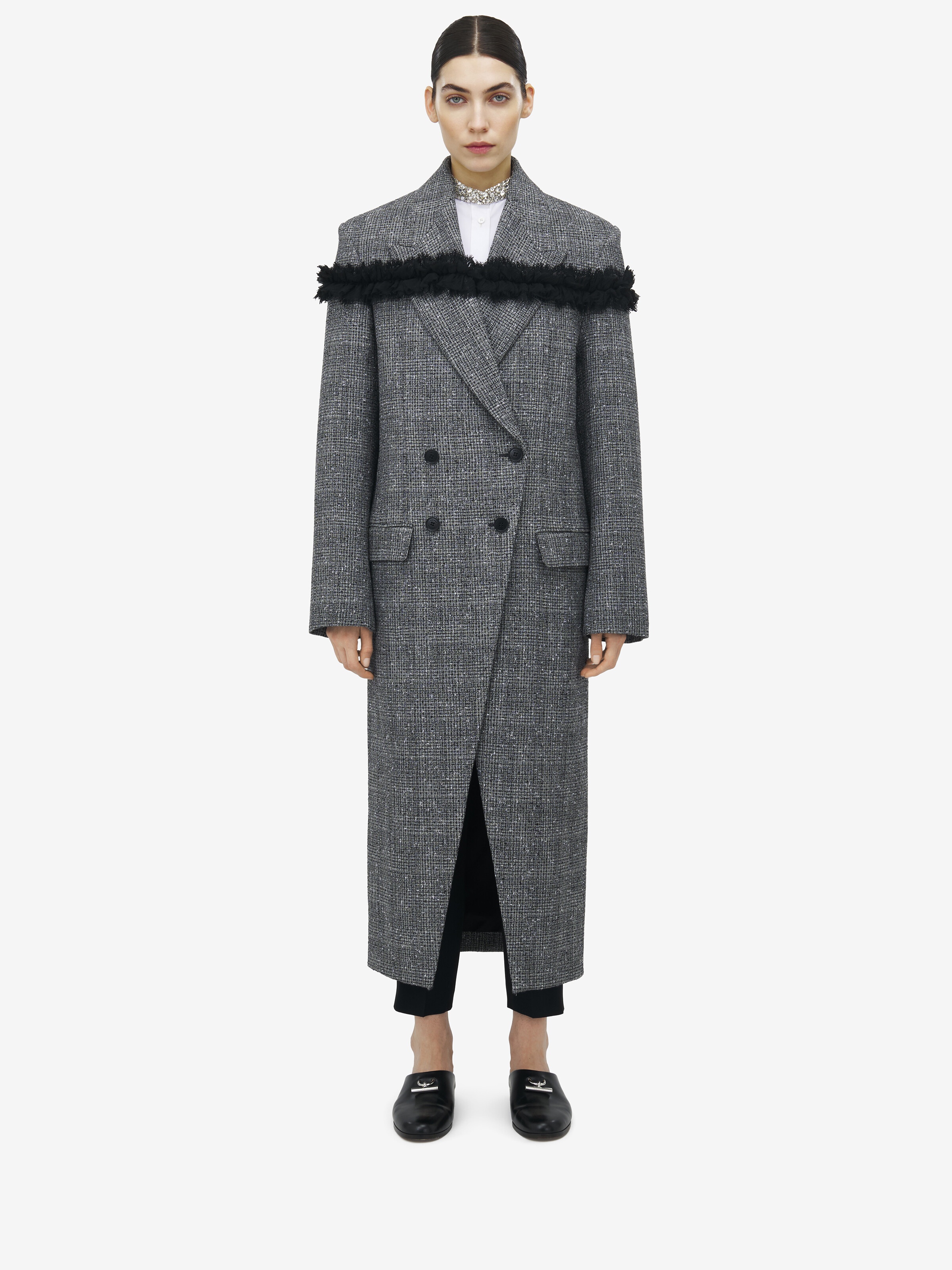 Slashed Creponne Detail Tweed Check Coat - 2