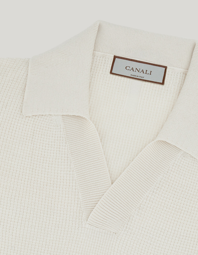 SHORT-SLEEVE OPEN COLLAR POLO IN CREAM COTTON-SILK BLEND 5