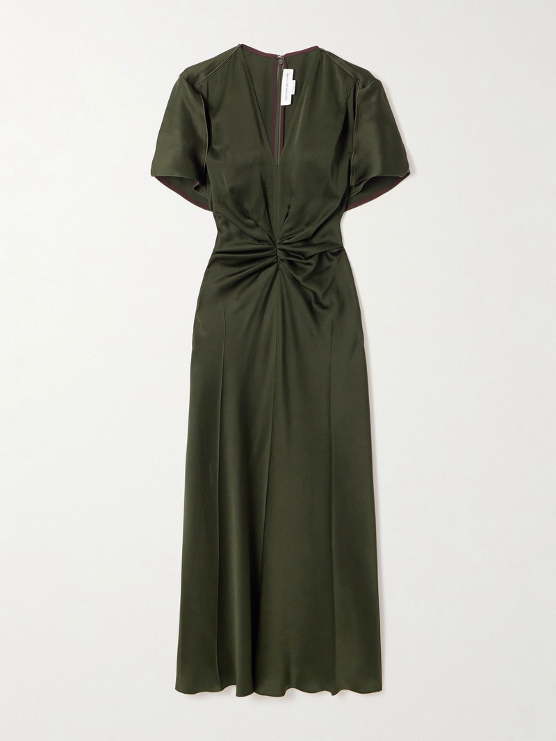 Bella gathered satin midi dress Dark green 1