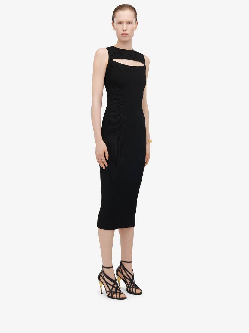 Women's Slashed Knit Midi Dress in Black - 4