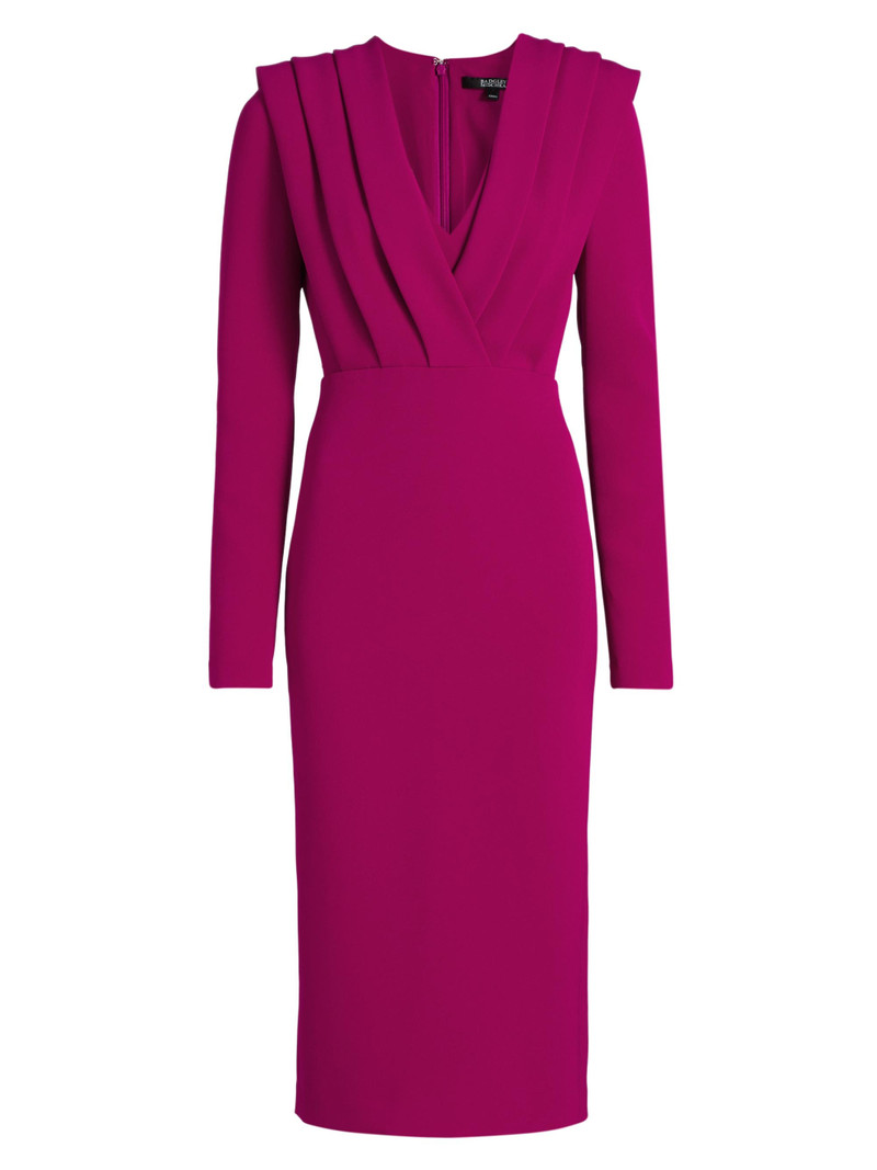 Women's Pleated Stretch Crepe V-Neck Midi-Dress - Raspberry 1
