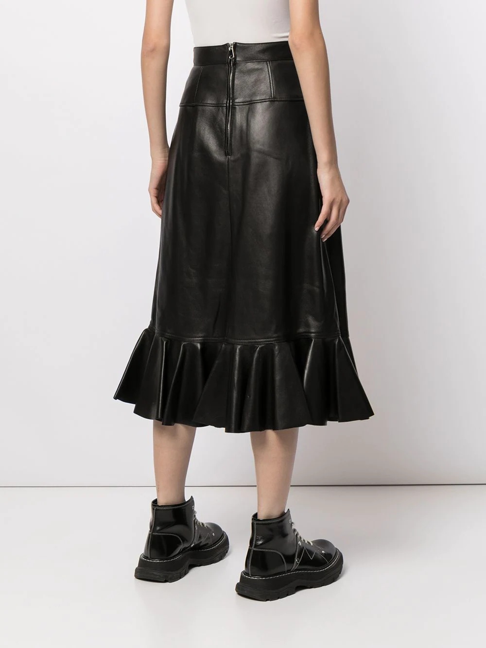 ruffle mid-length leather skirt - 5