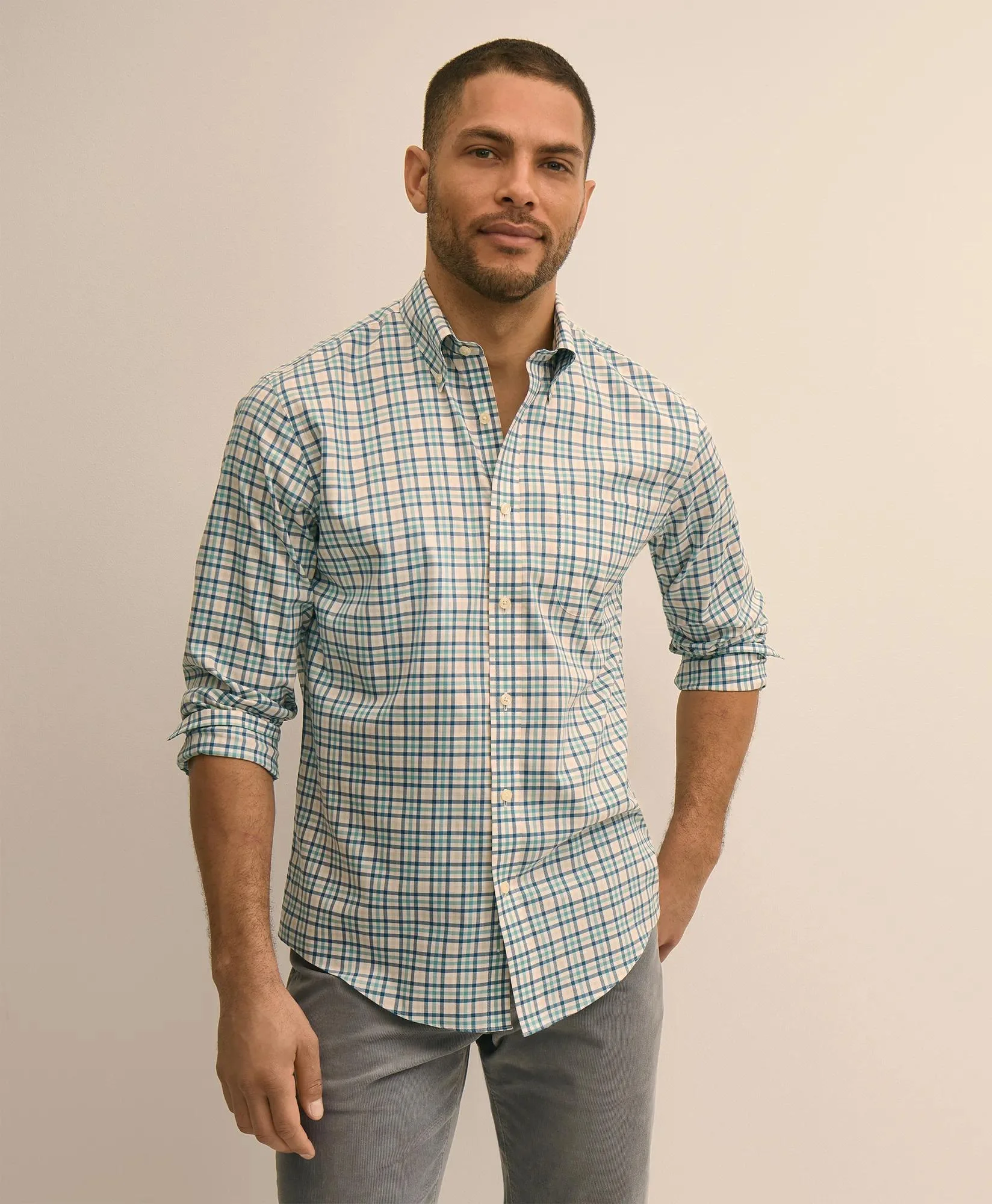 Supima® Cotton Non-Iron Twill Button Down Collar Plaid Sport Shirt - 1