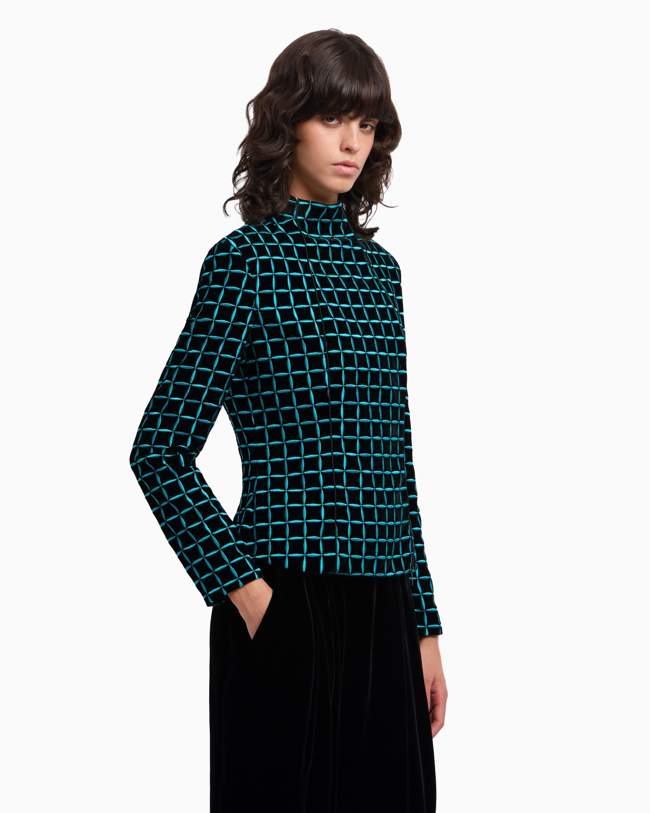 VELVET JACKET WITH EMBROIDERED CHECK MOTIF - 4