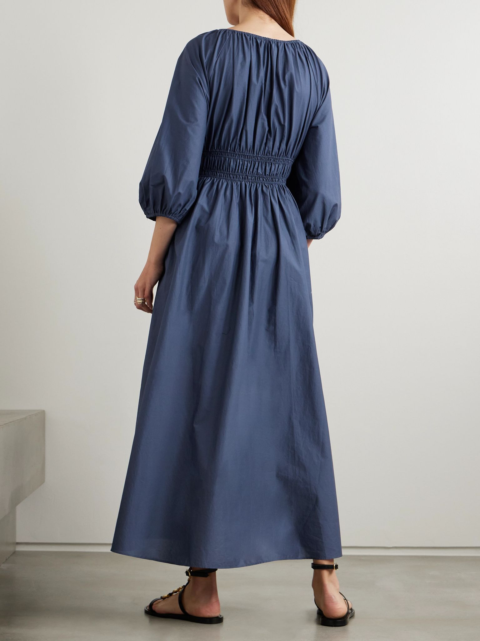 Shirred organic cotton-poplin maxi dress Blue - 3